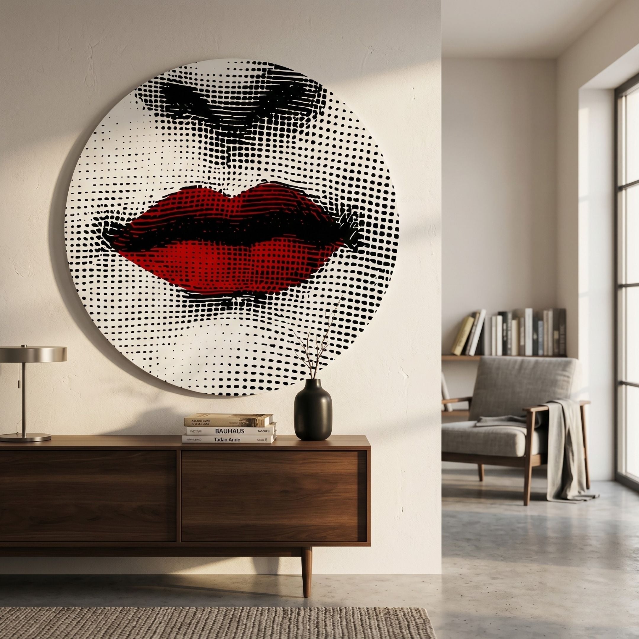 Lunoria Red Lips Graphic Round Wood Embossed Wall Art mounted above a walnut sideboard in a sunlit modern living room with armchair and bookshelf.