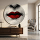 Lunoria Red Lips Graphic Round Wood Embossed Wall Art mounted above a walnut sideboard in a sunlit modern living room with armchair and bookshelf.