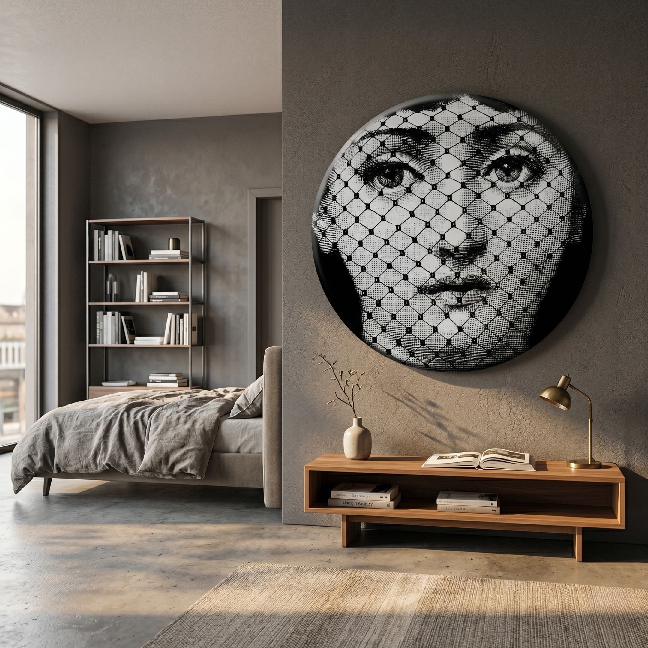 Lunoria Veil Face Round Wood Embossed Wall Art by Giant Sculptures displayed on a grey bedroom wall above a wooden console with brass lamp beside a bed.