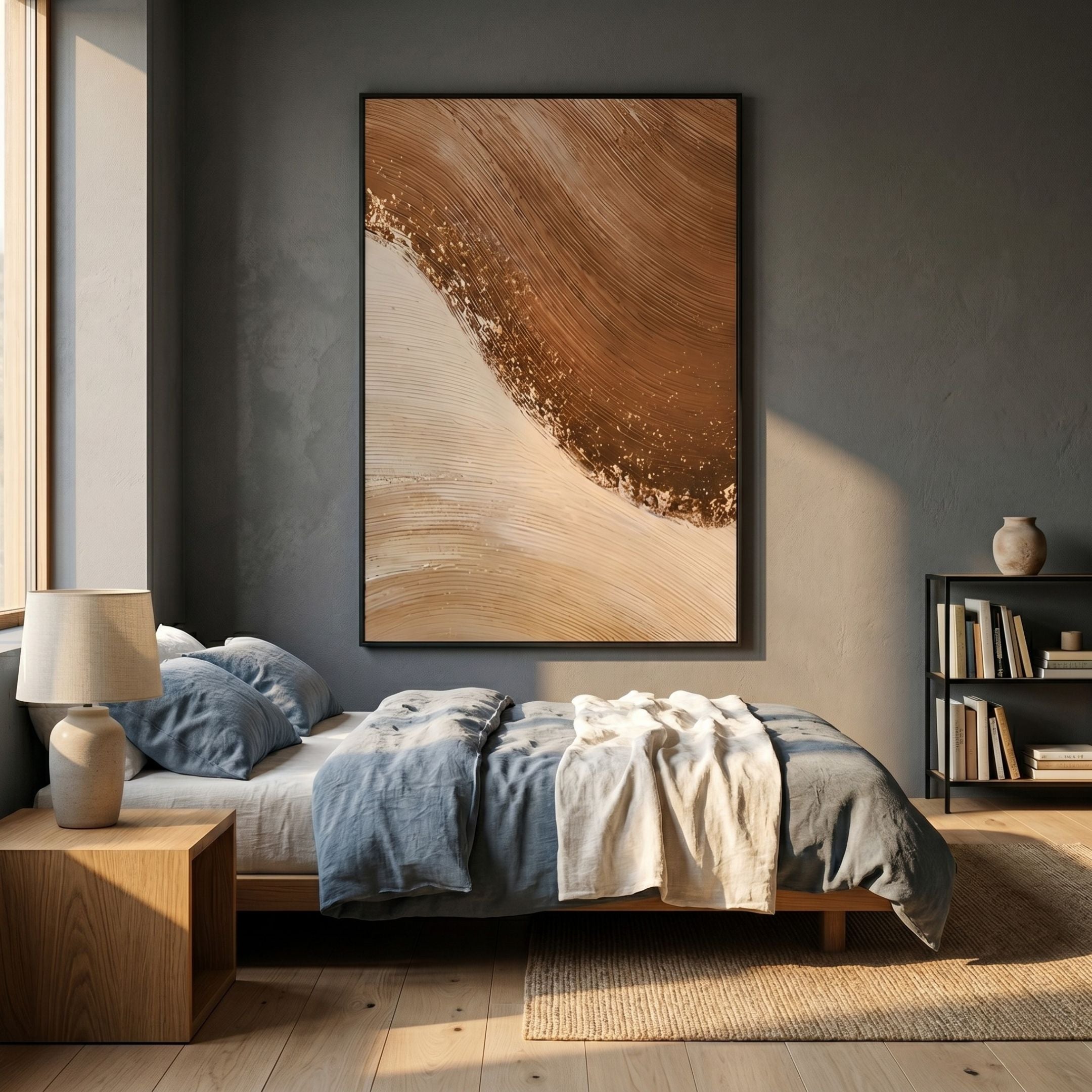 Terrayne I Hand-Painted Oil Canvas 3D Wall Art by Giant Sculptures, with sweeping brown and beige brushstrokes, displayed above a wooden bed with blue linen in a grey bedroom.
