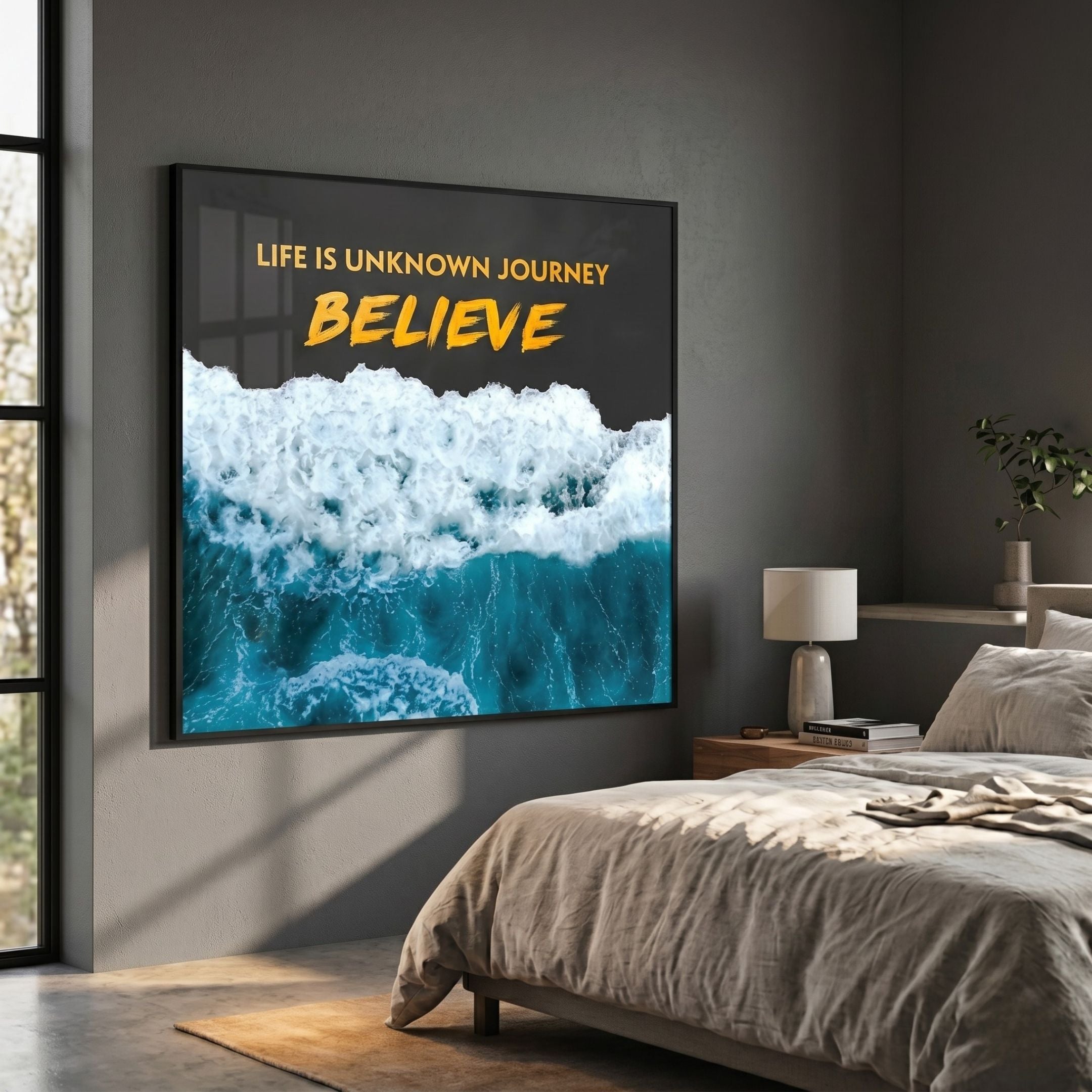 Cavoya Believe Ocean Graphic Crystal Porcelain Wall Art with blue waves and yellow text, mounted on a grey bedroom wall above a bed and lamp.