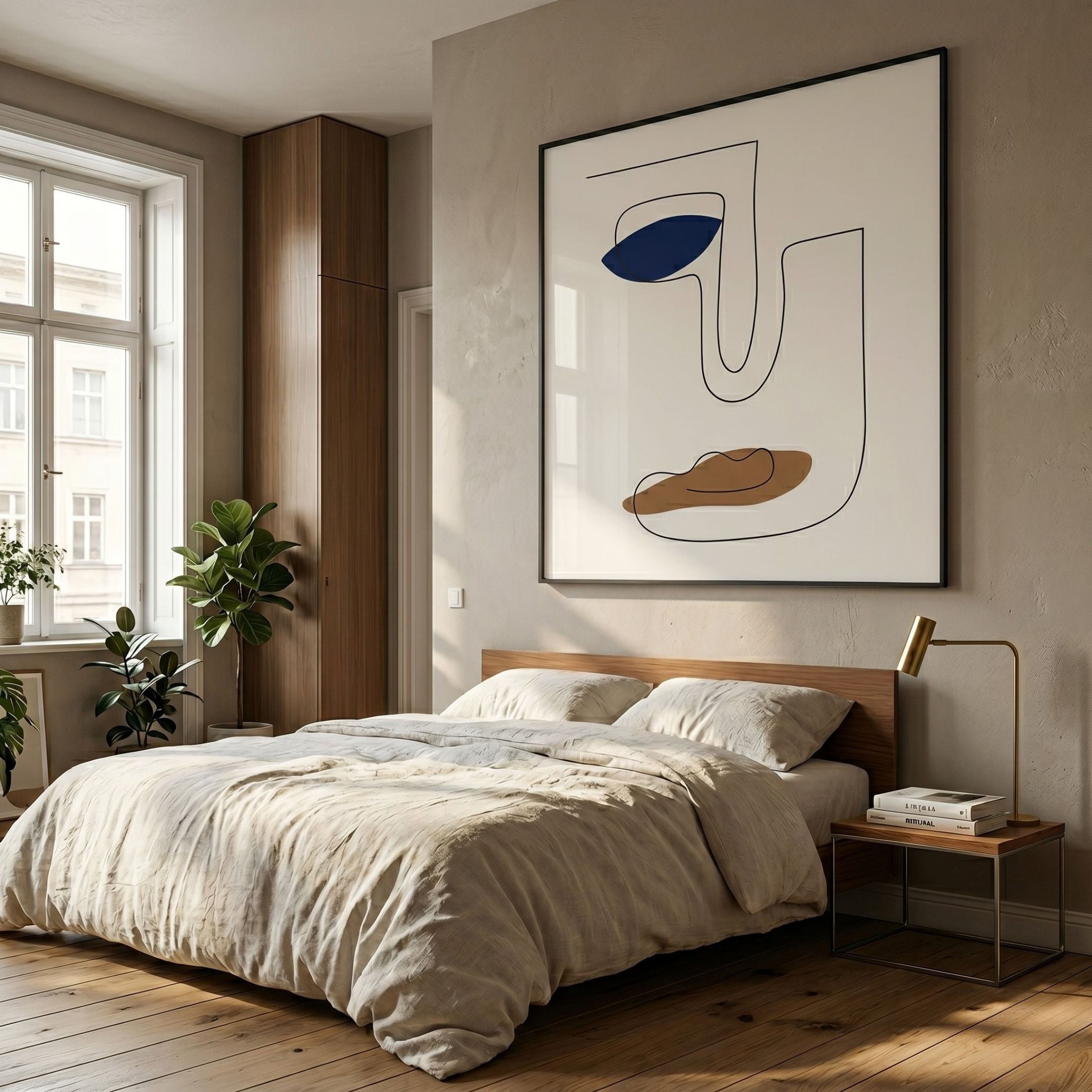 Cavoya Minimal Line Face Crystal Porcelain Wall Art by Giant Sculptures, framed above a wooden bed with cream linen, beside a window and tall wardrobe.