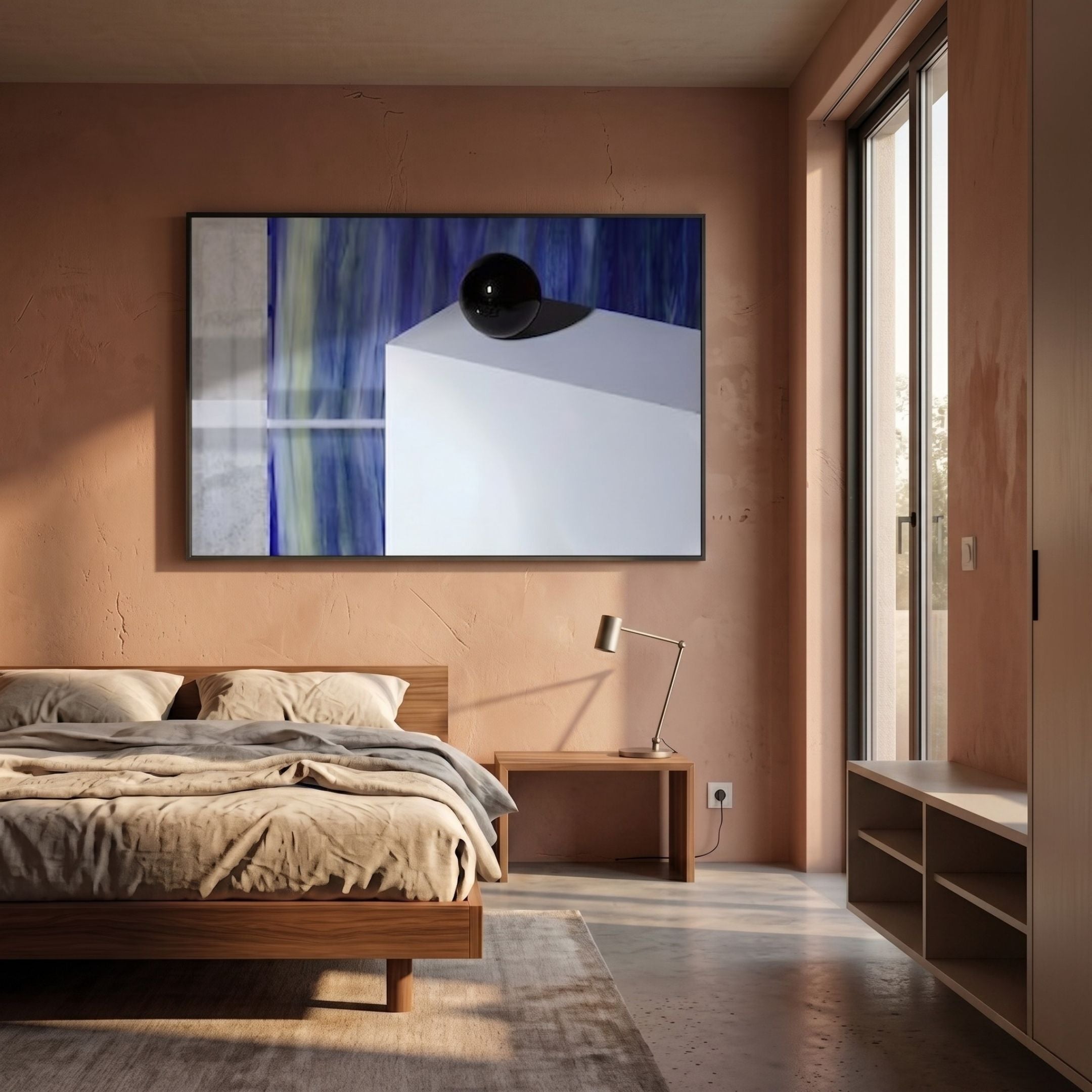 Cavoya Sphere Conceptual Crystal Porcelain Wall Art by Giant Sculptures displayed above a wooden bed in a terracotta-walled bedroom with linen bedding.