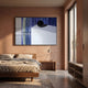 Cavoya Sphere Conceptual Crystal Porcelain Wall Art by Giant Sculptures displayed above a wooden bed in a terracotta-walled bedroom with linen bedding.