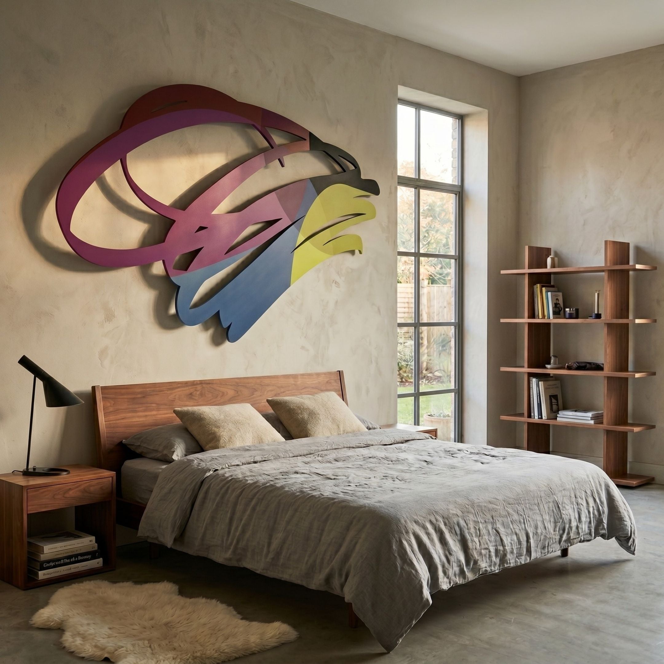 Cavoya Abstract Loops Multicolour Wall Art by Giant Sculptures in pink, blue, and yellow, mounted above a wooden bed in a modern bedroom with a tall window.