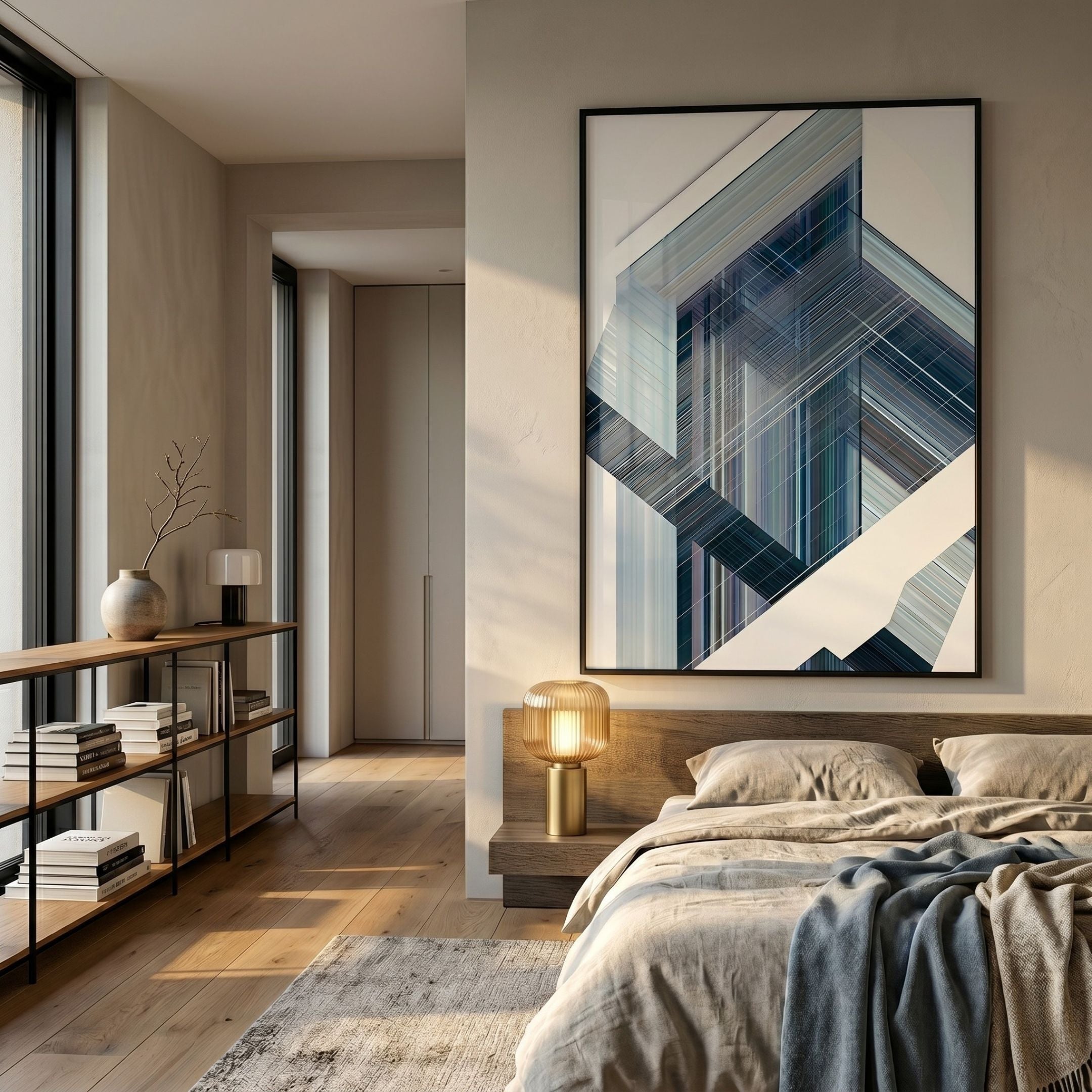 Cavoya Geometric Reflection Crystal Porcelain Wall Art in blue, grey and white, mounted above a wooden bed with linen bedding in a modern bedroom.