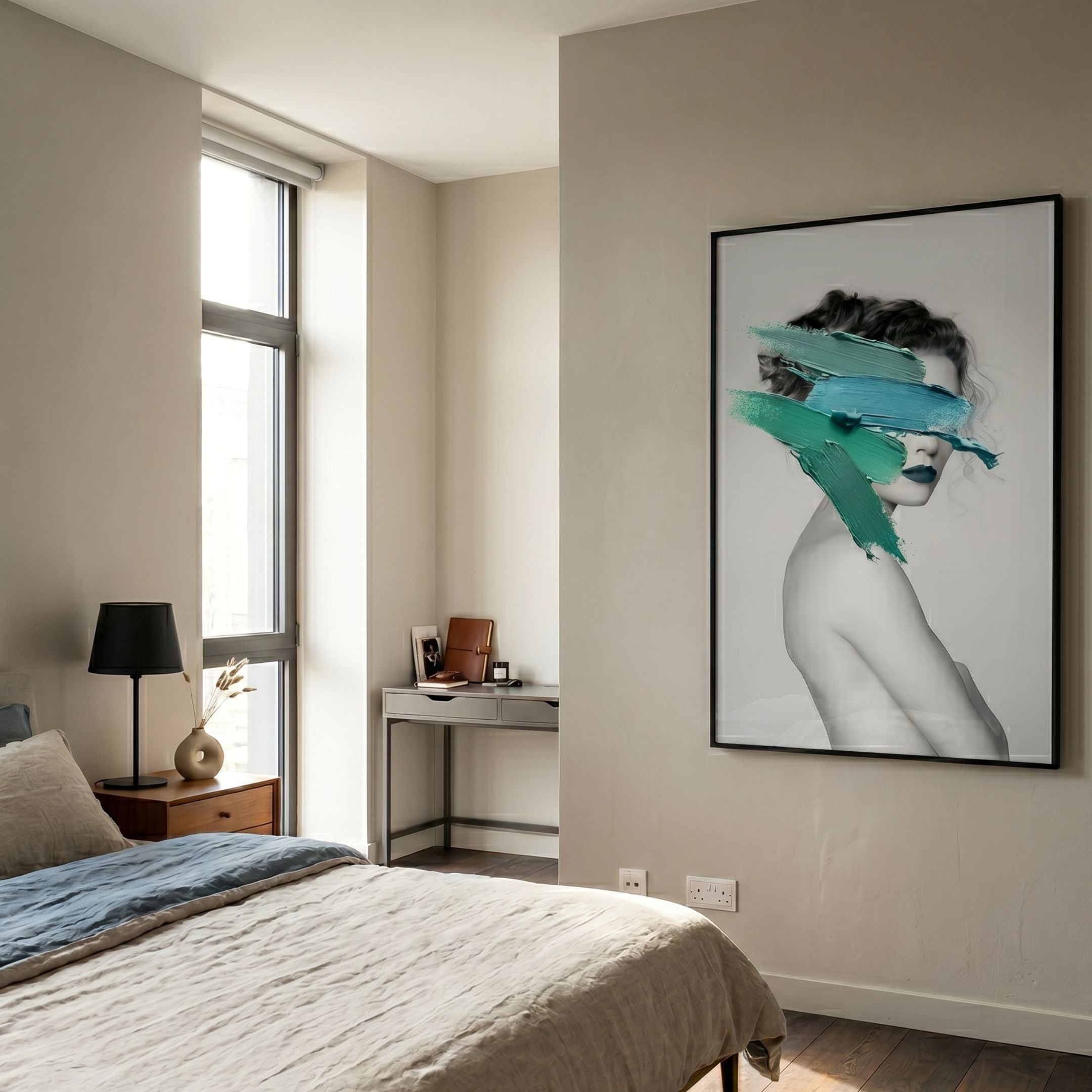 Cavoya Brushstroke Muse Figurative Crystal Porcelain Wall Art displayed in a neutral bedroom beside a window, desk, and bed with linen bedding.