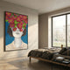 Cavoya Bloom Portrait Crystal Porcelain Wall Art displayed in a modern bedroom above a low wooden bed with grey linens, beside a large window.