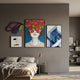 Cavoya Multiform Expression 4-Set Wall Art by Giant Sculptures displayed above a linen bed, featuring a floral-portrait, abstract line illustration, geometric sculpture, and blue architectural panel.