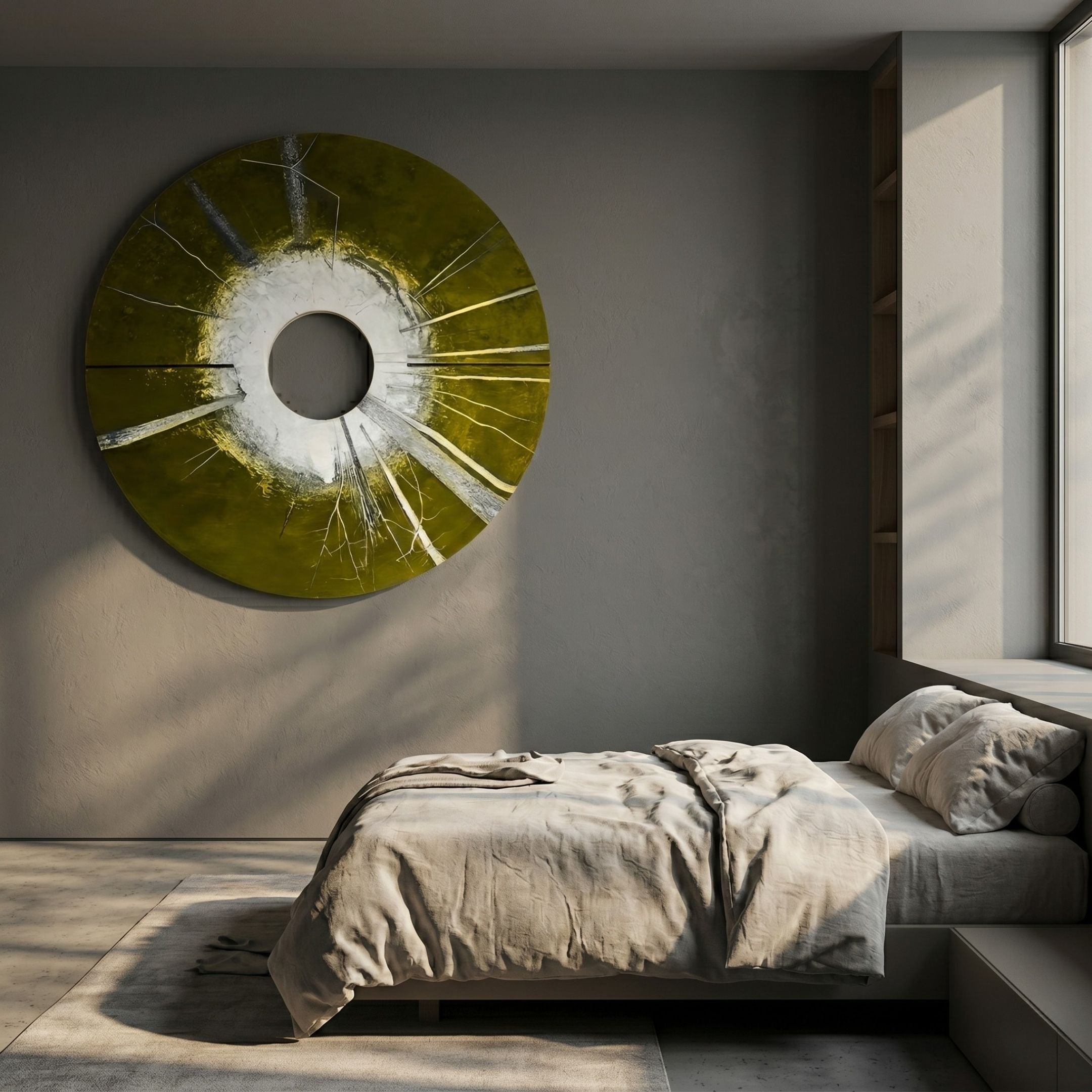 Solyra Olive Circular Textured Wood 3D Wall Art by Giant Sculptures mounted above a linen-dressed bed in a sunlit grey bedroom with a window seat.