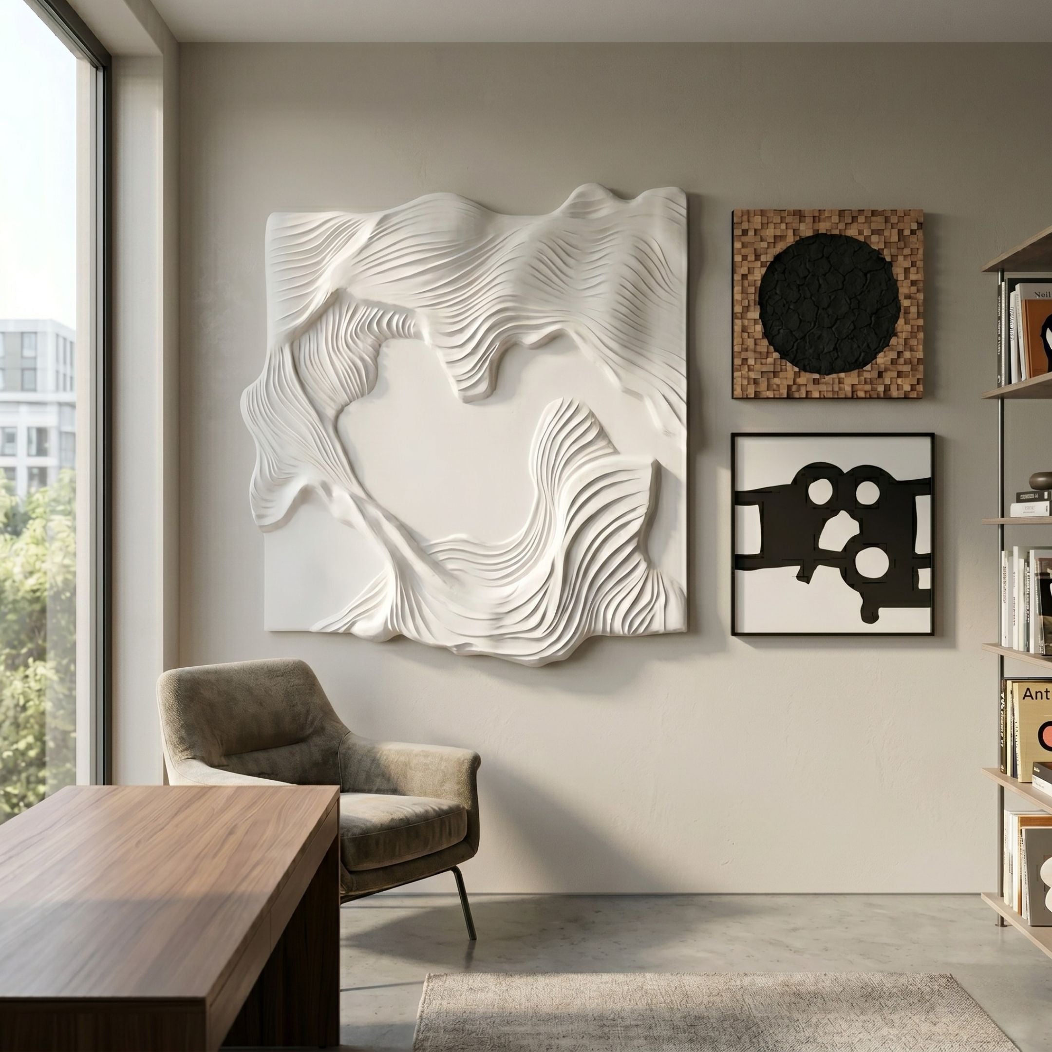 Serava Cream Abstract Wood Relief 3D Wall Art by Giant Sculptures, displayed above a velvet armchair in a modern office beside a wooden desk and gallery wall.
