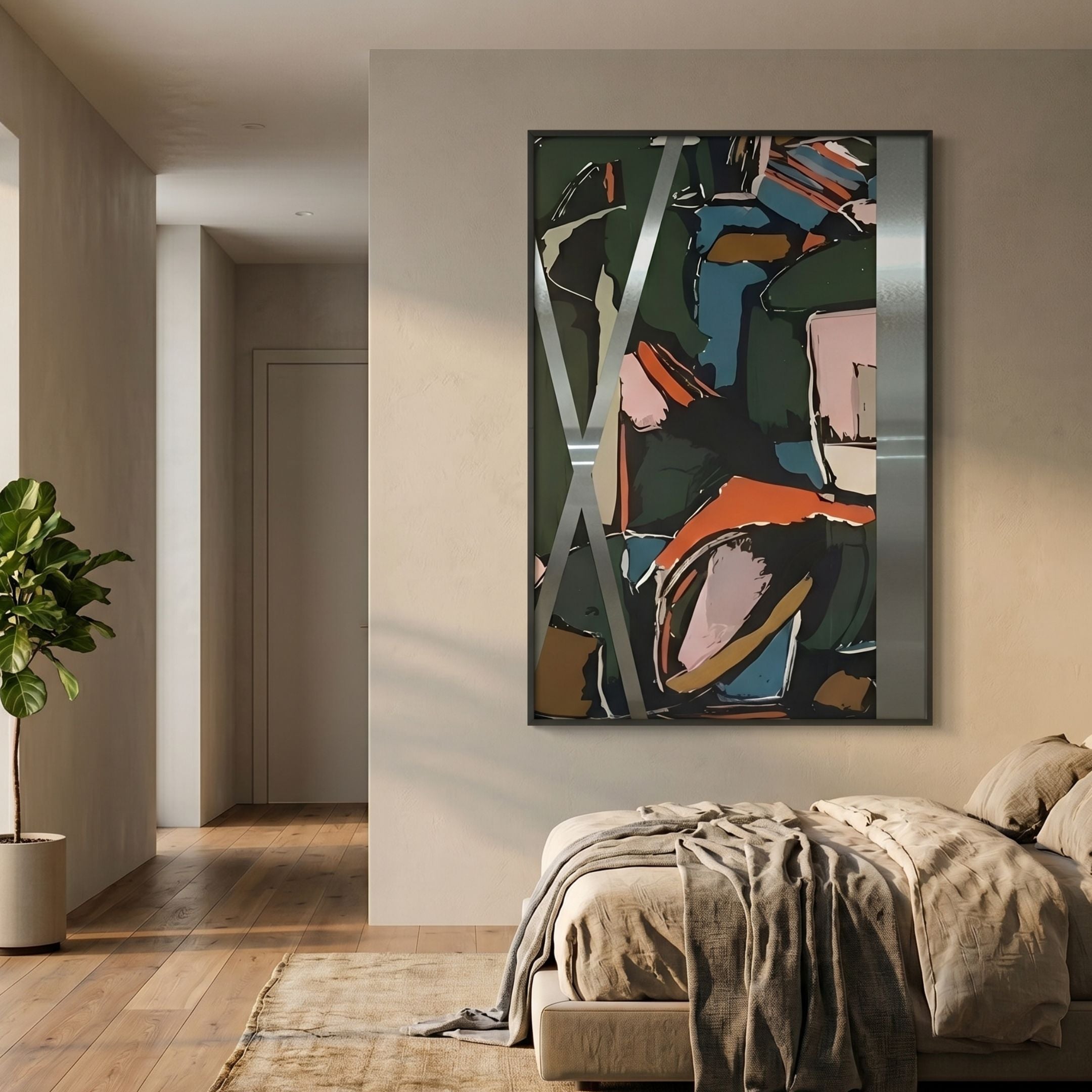 Aurista Multicolour Abstract Cotton Spray Wall Art by Giant Sculptures, framed above a neutral linen bed with a fiddle leaf plant in the hallway beyond.