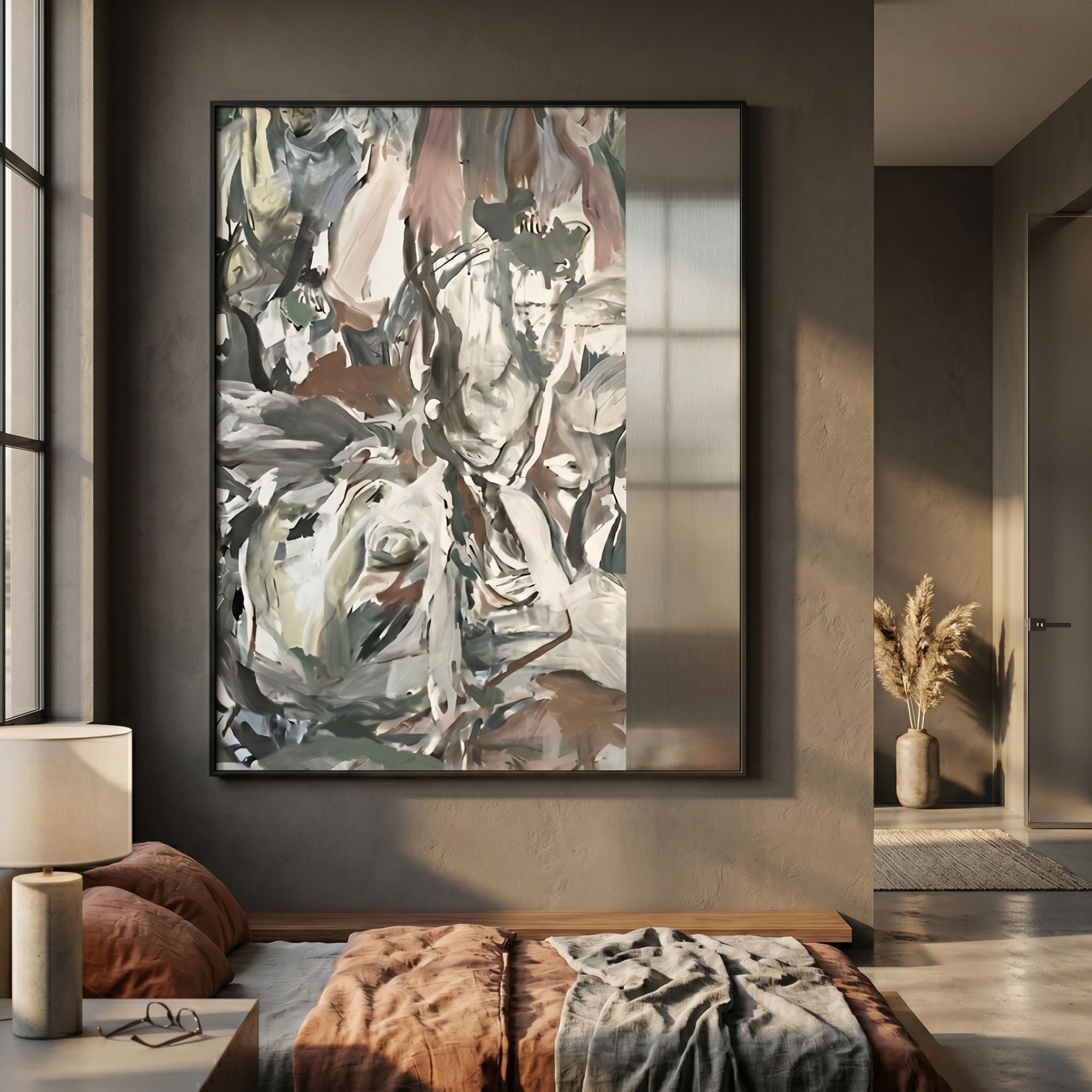 Aurista Grey Strokes Abstract Cotton Spray Wall Art in grey, beige and brown hangs in a warm modern bedroom above a low bed with pampas grass nearby.