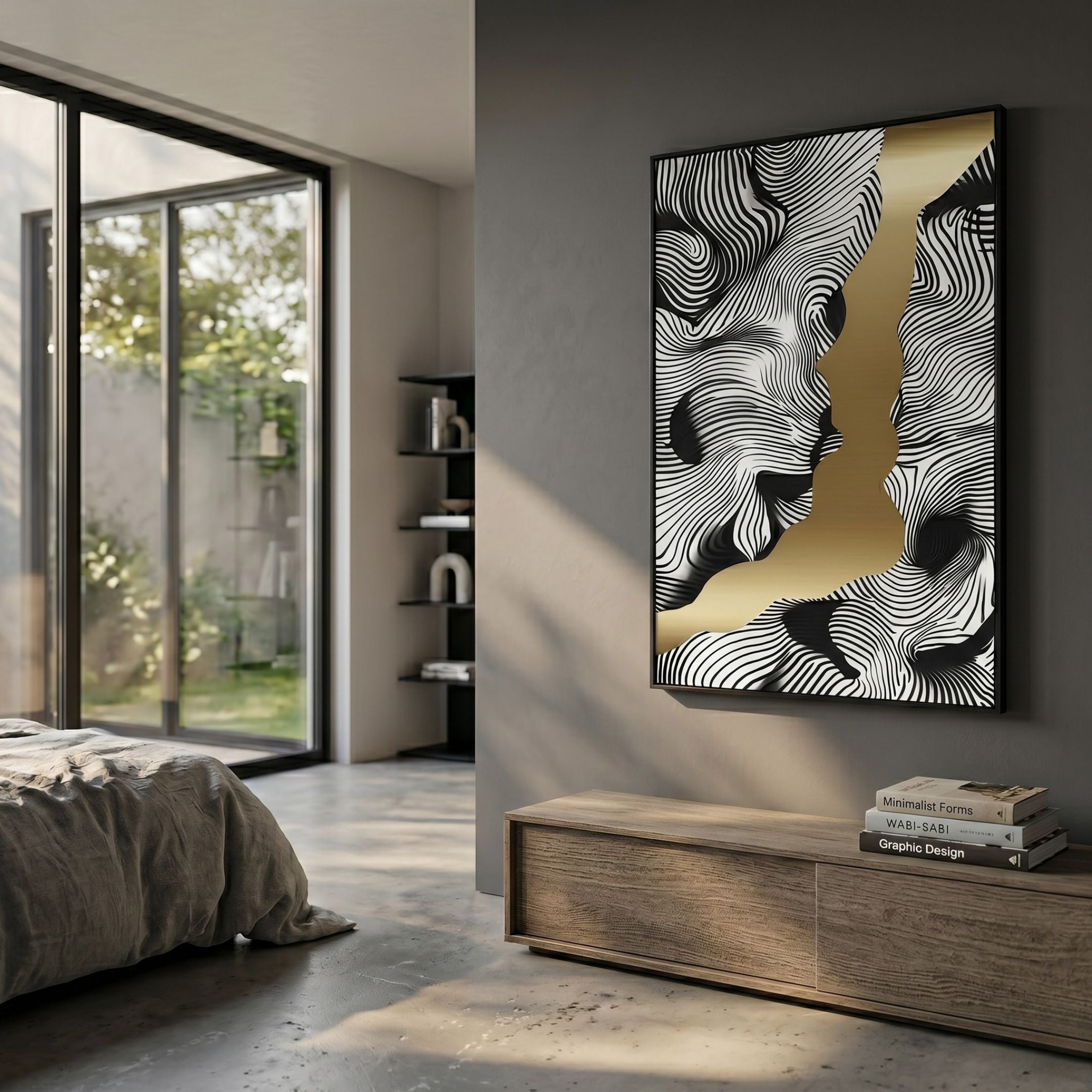 Aurista Gold Rift & Monochrome Line Cotton Spray Wall Art by Giant Sculptures, framed in black and mounted on a grey bedroom wall above a wooden bench.