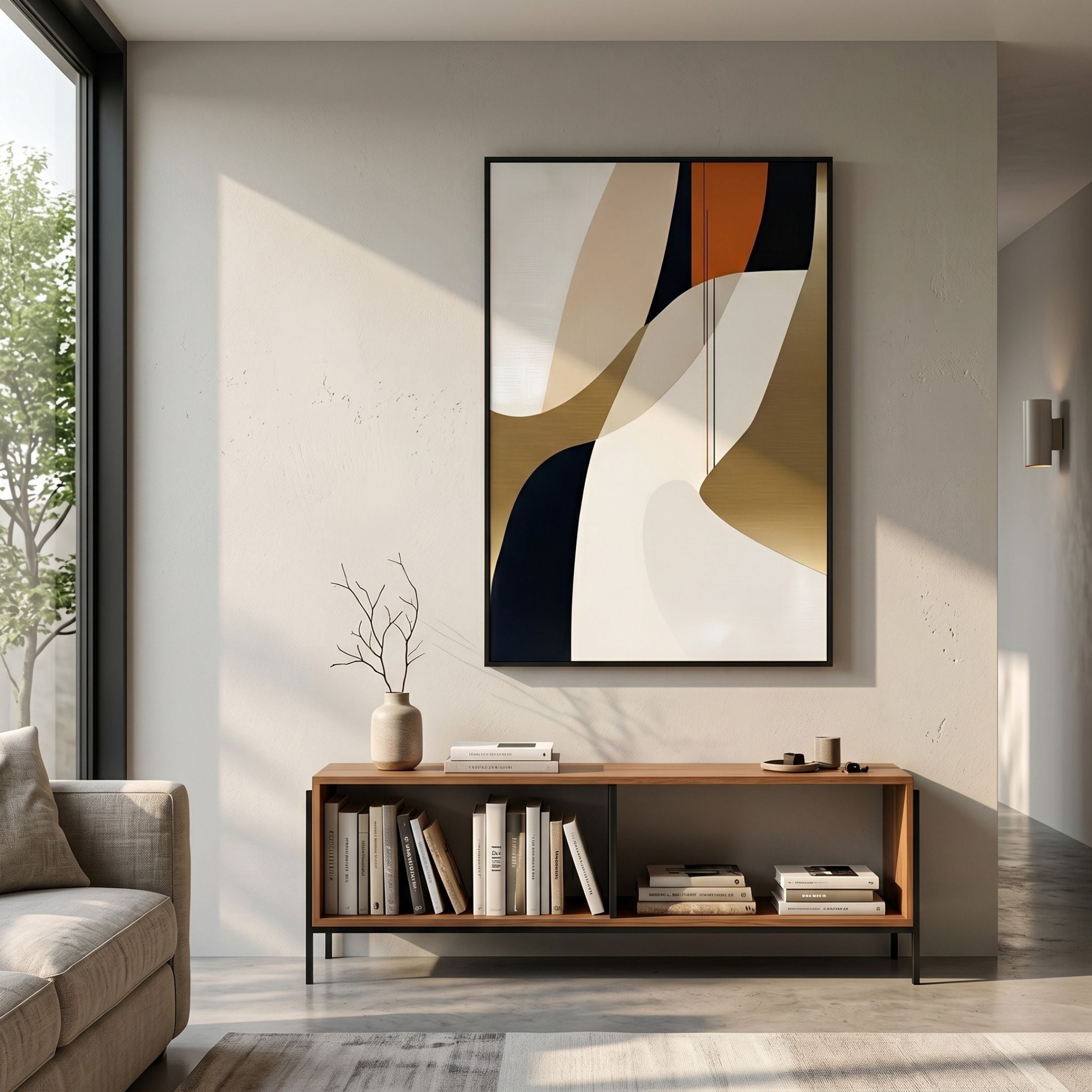 Aurista Amber Flow Panel Cotton Spray Wall Art by Giant Sculptures, featuring beige, black, gold, and amber-orange curves, displayed above a wooden console in a sunlit modern living room.