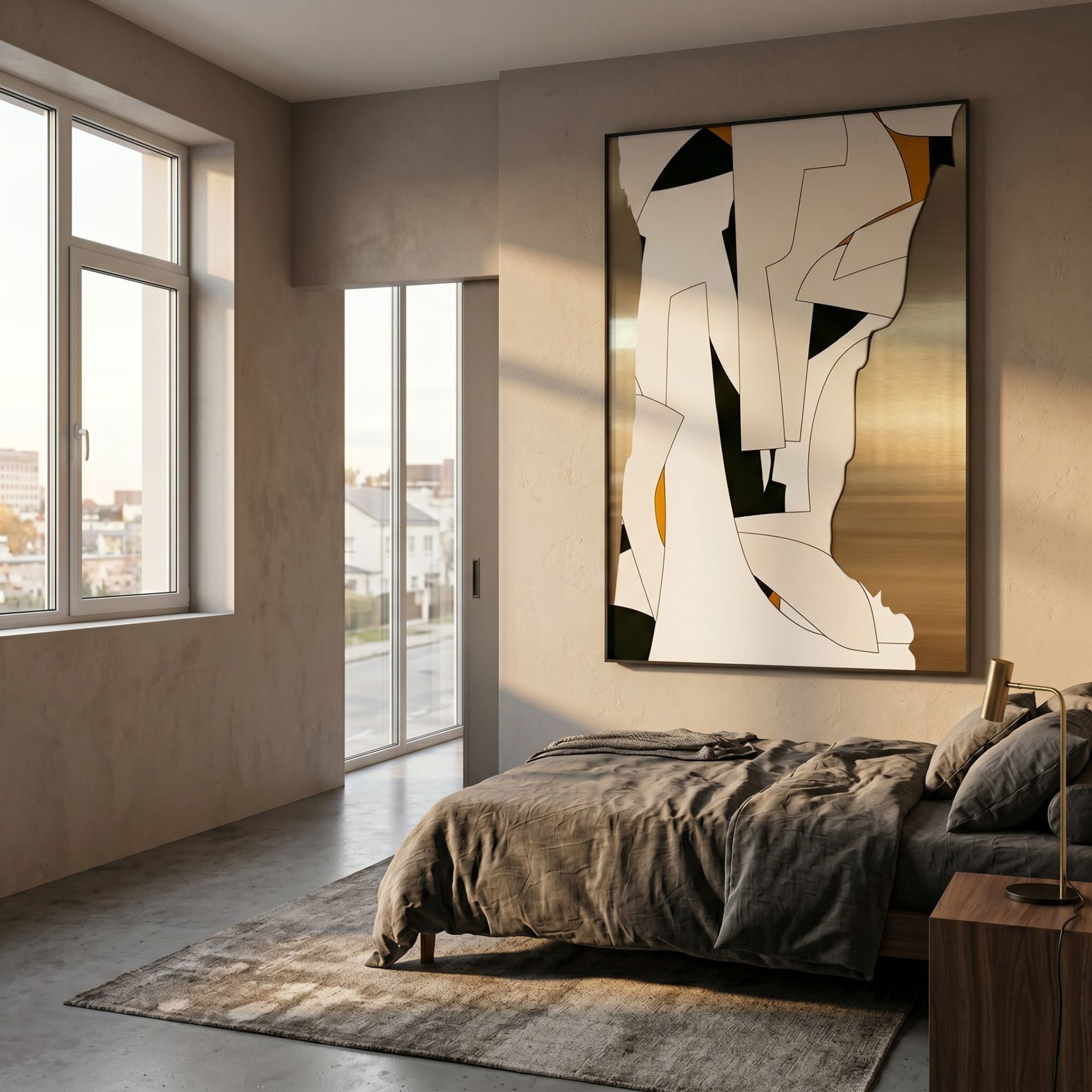 Aurista Ivory & Amber Layers Cotton Spray Wall Art by Giant Sculptures displayed above a grey linen bed in a sunlit modern bedroom with concrete floors.