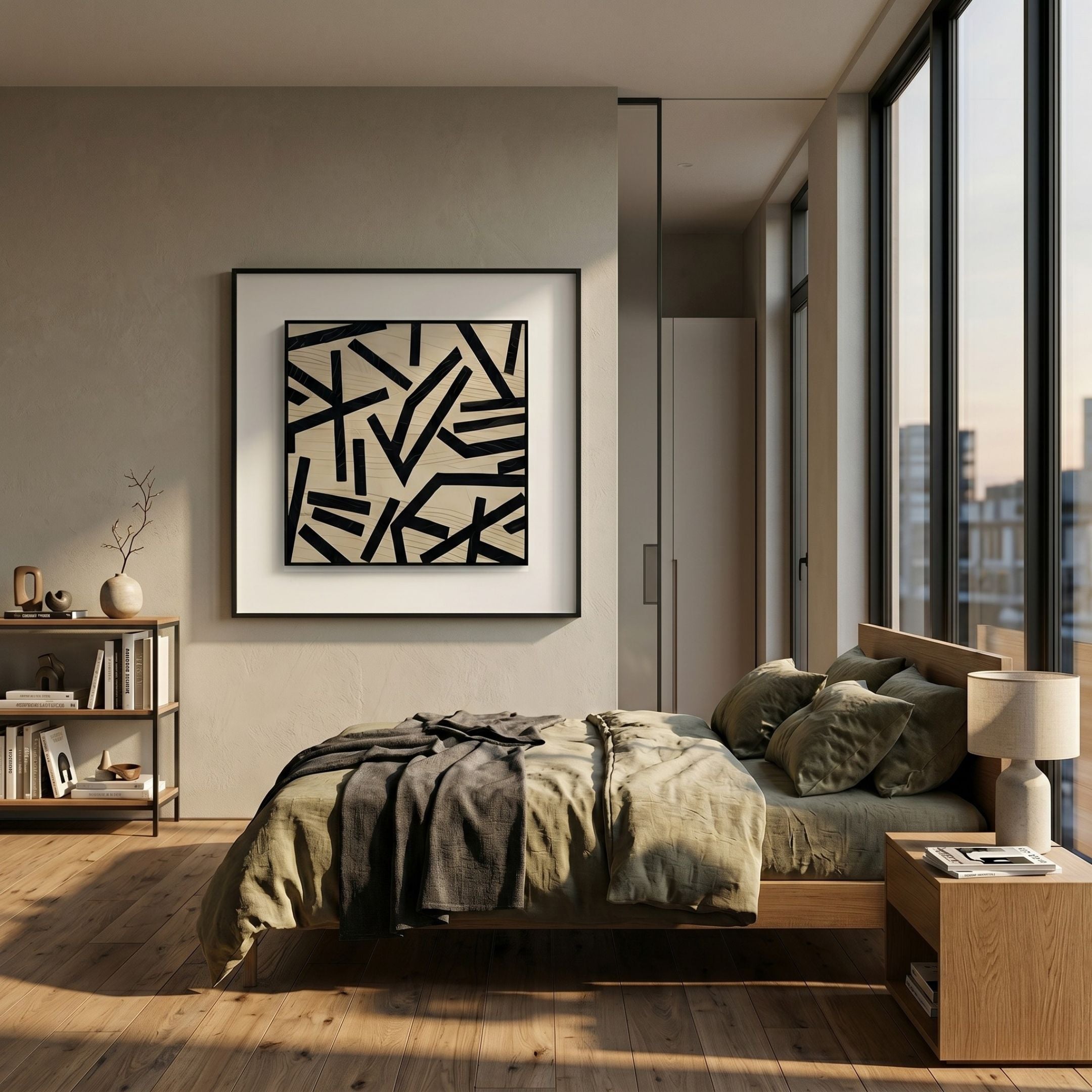 Nerava Fragmented Path Black & Cream Abstract Wall Art by Giant Sculptures displayed above a wooden bed with olive linen in a sunlit modern bedroom.