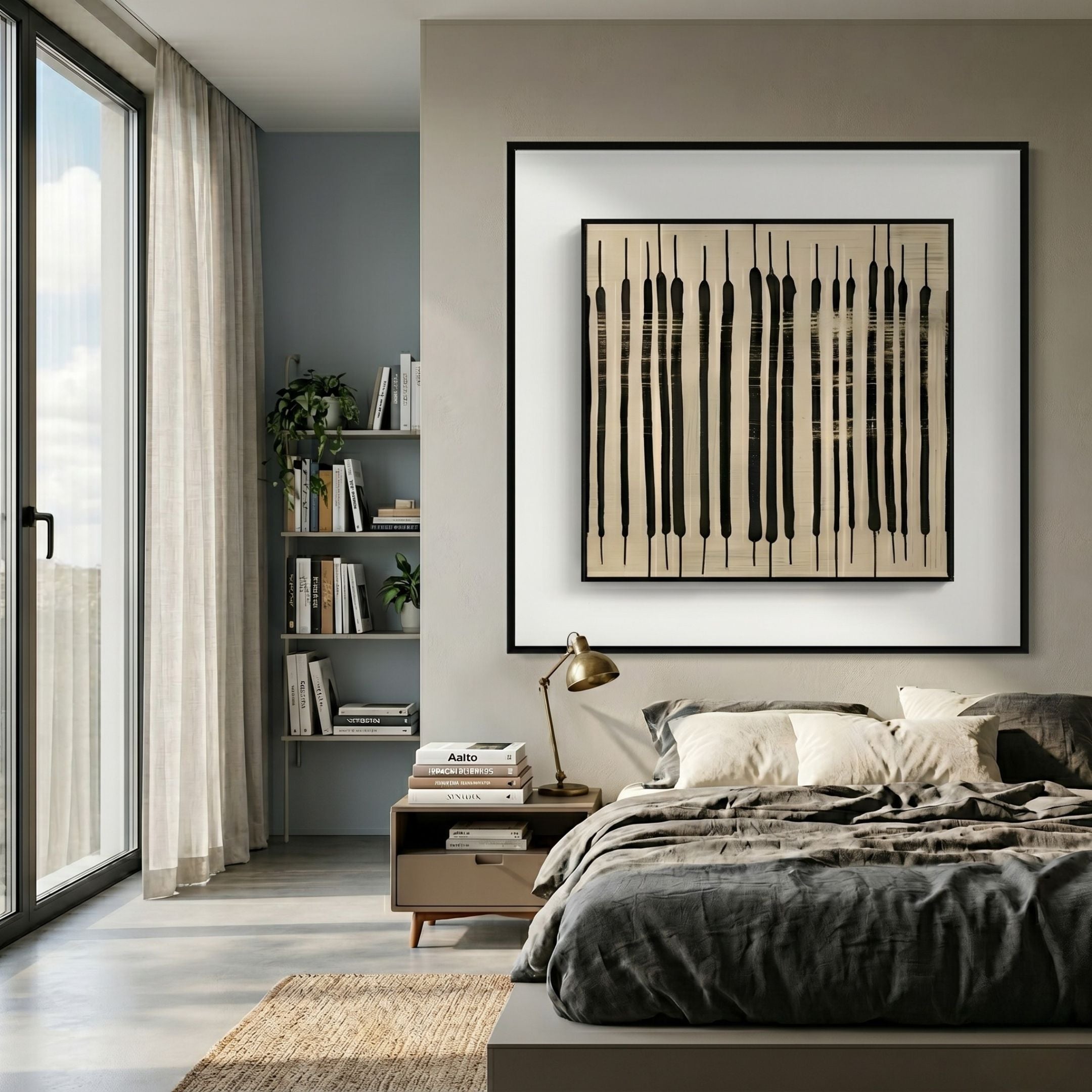 Nerava Vertical Rhythm Black & Cream Abstract Wall Art framed above a bed with brass lamp, styled in a Nordic bedroom with bookshelf and window.