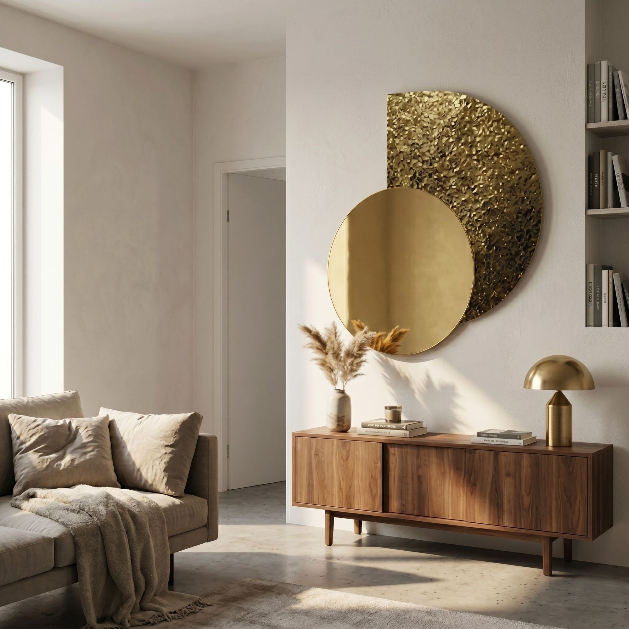 Aurargent Gold Textured Round Mirror 3D Wall Art by Giant Sculptures mounted above a walnut sideboard with pampas grass and brass lamp in a living room.