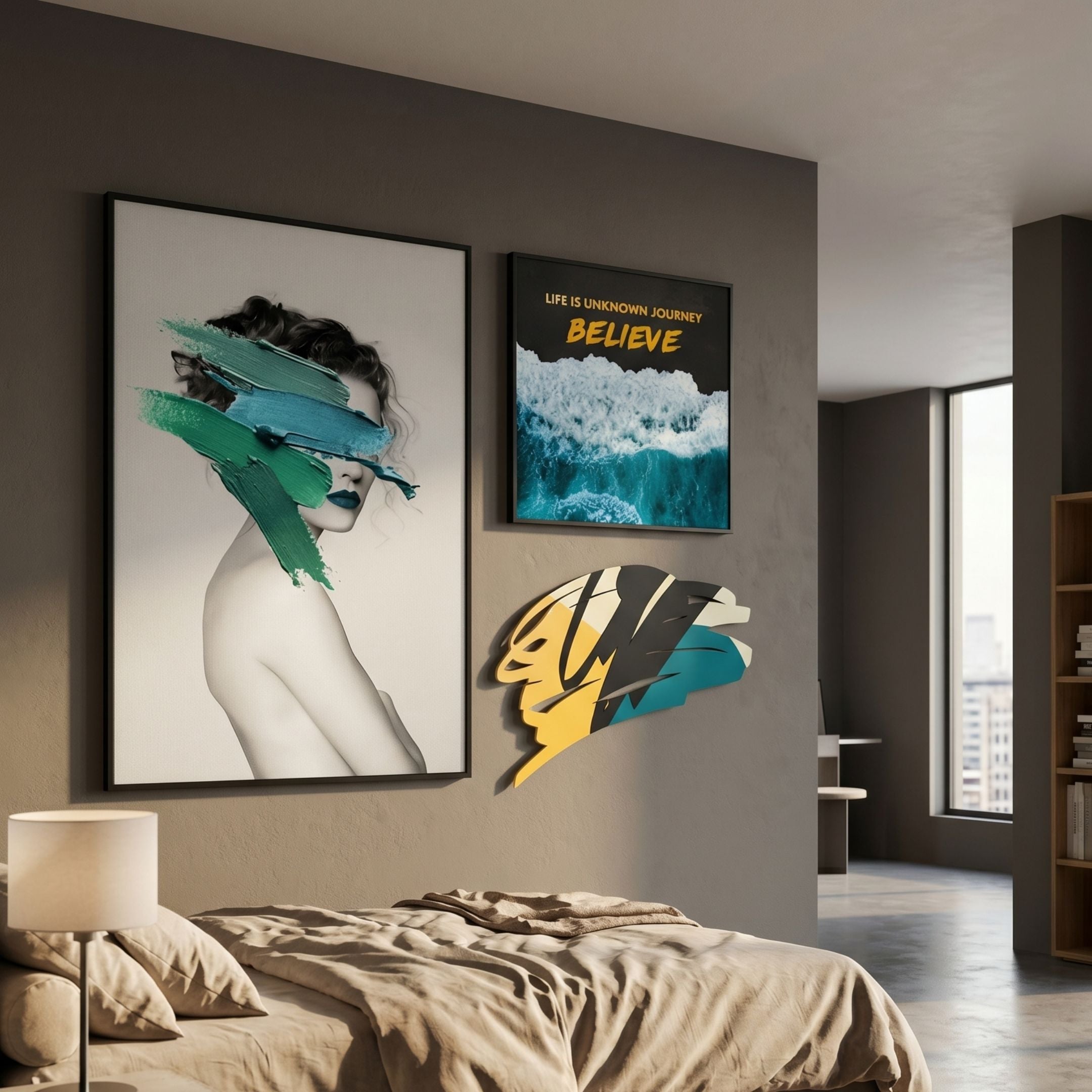 Cavoya Brushstroke Muse 3-Set Figurative Wall Art displayed on a grey bedroom wall above a linen-dressed bed, pairing the portrait, ocean Believe panel, and yellow-teal splash.