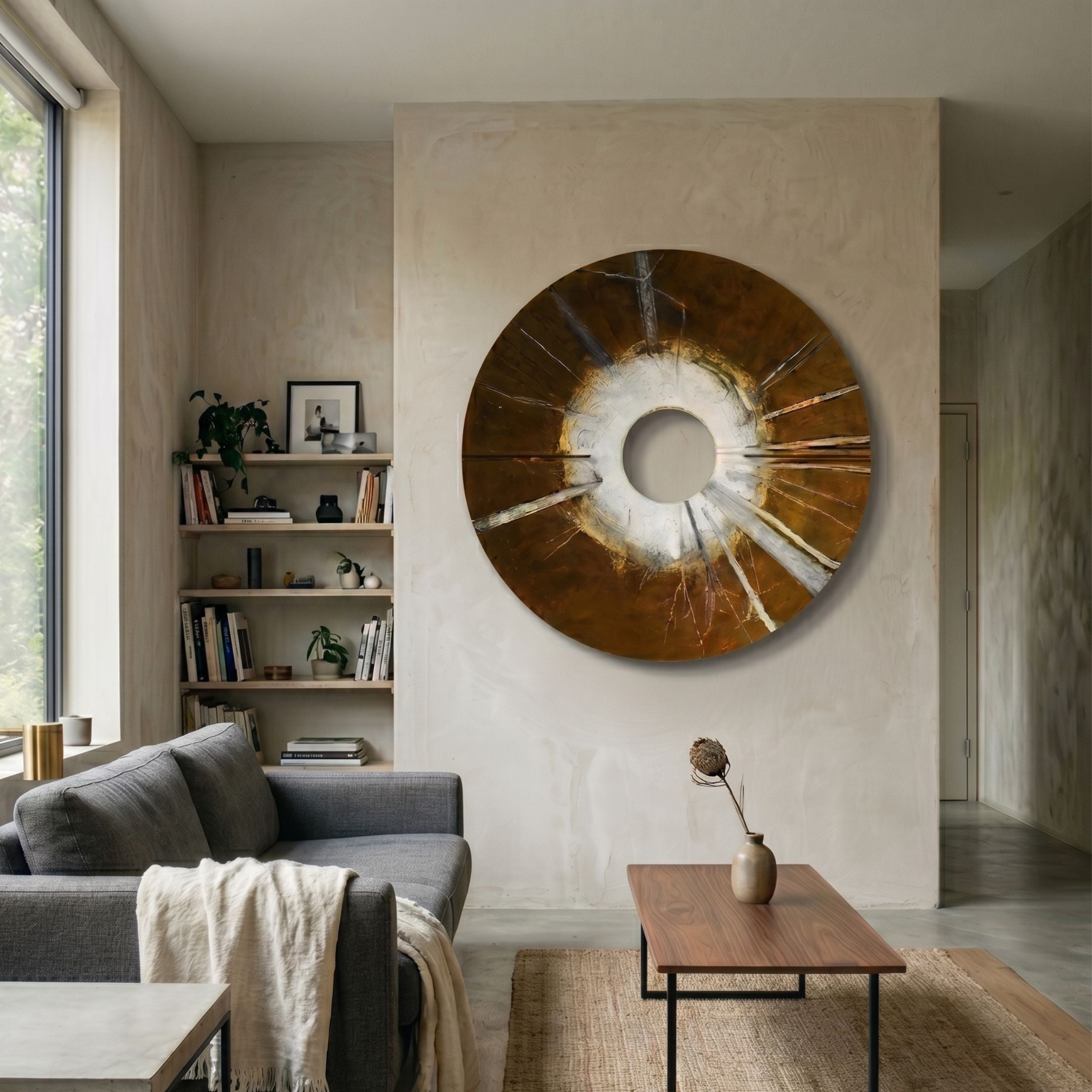 Solyra Bronze Circular Textured Wood 3D Wall Art with white central ring and radiating rays, mounted above a grey sofa in a minimalist living room.