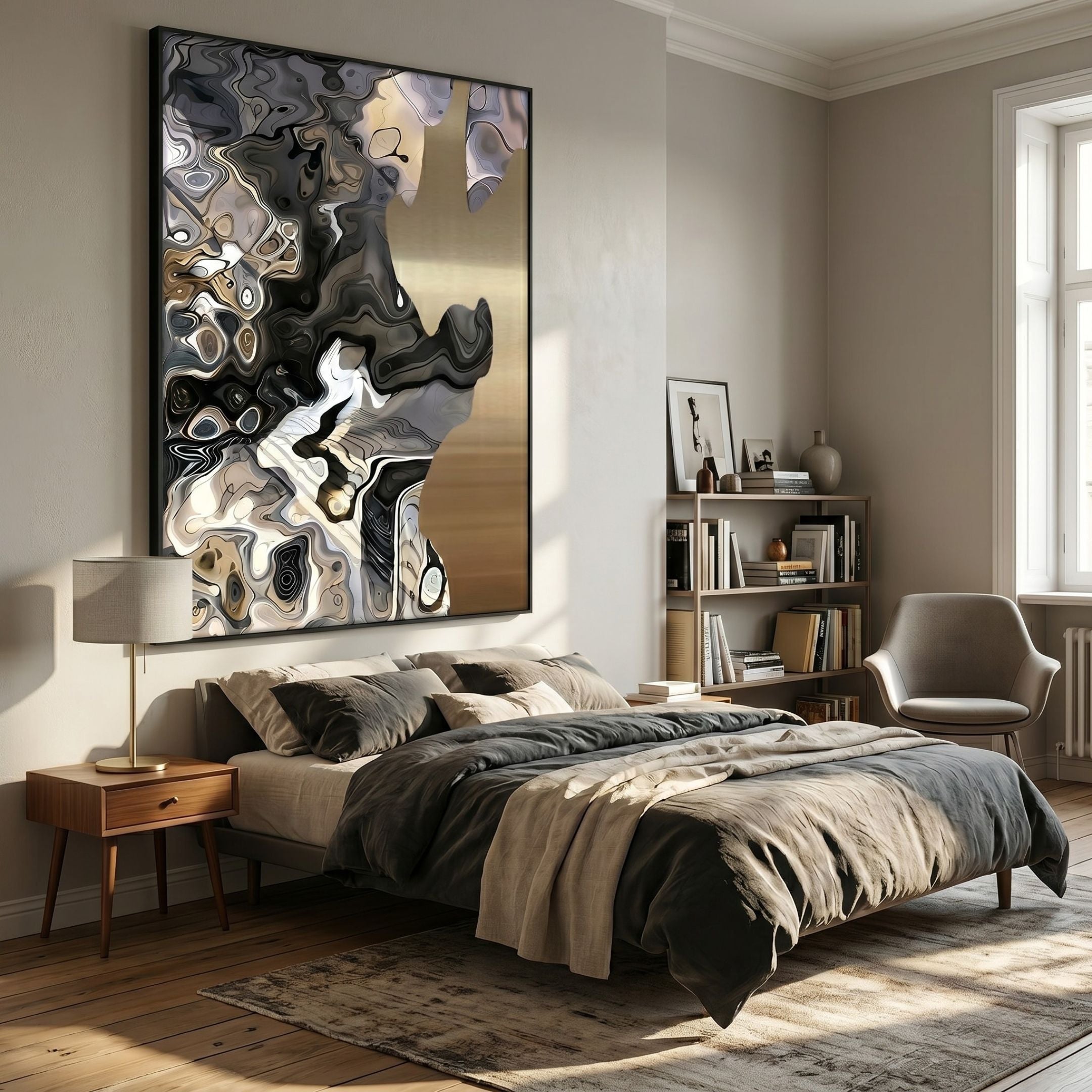 Aurista Marbled Gold Veil Abstract Cotton Spray Wall Art in black, white, grey and beige with gold veining, hung above a bed in a neutral bedroom.