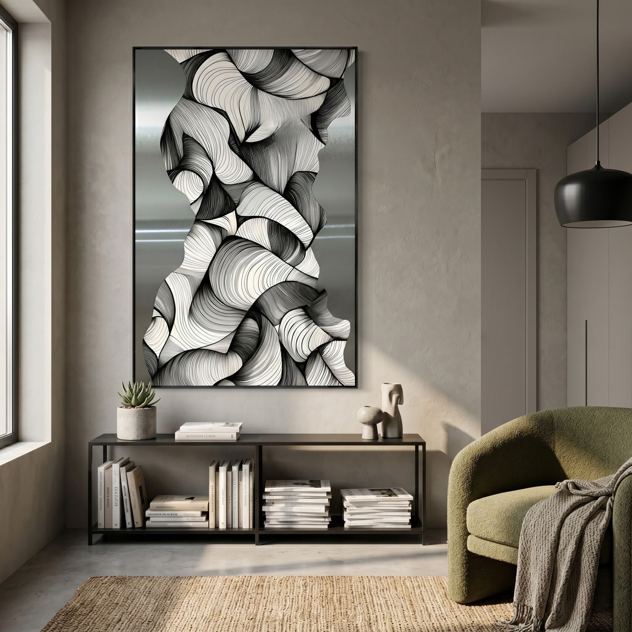 Aurista Monochrome Ripple Cotton Spray Wall Art with swirling black and white lines, framed above a black console in a modern living room with green armchair.