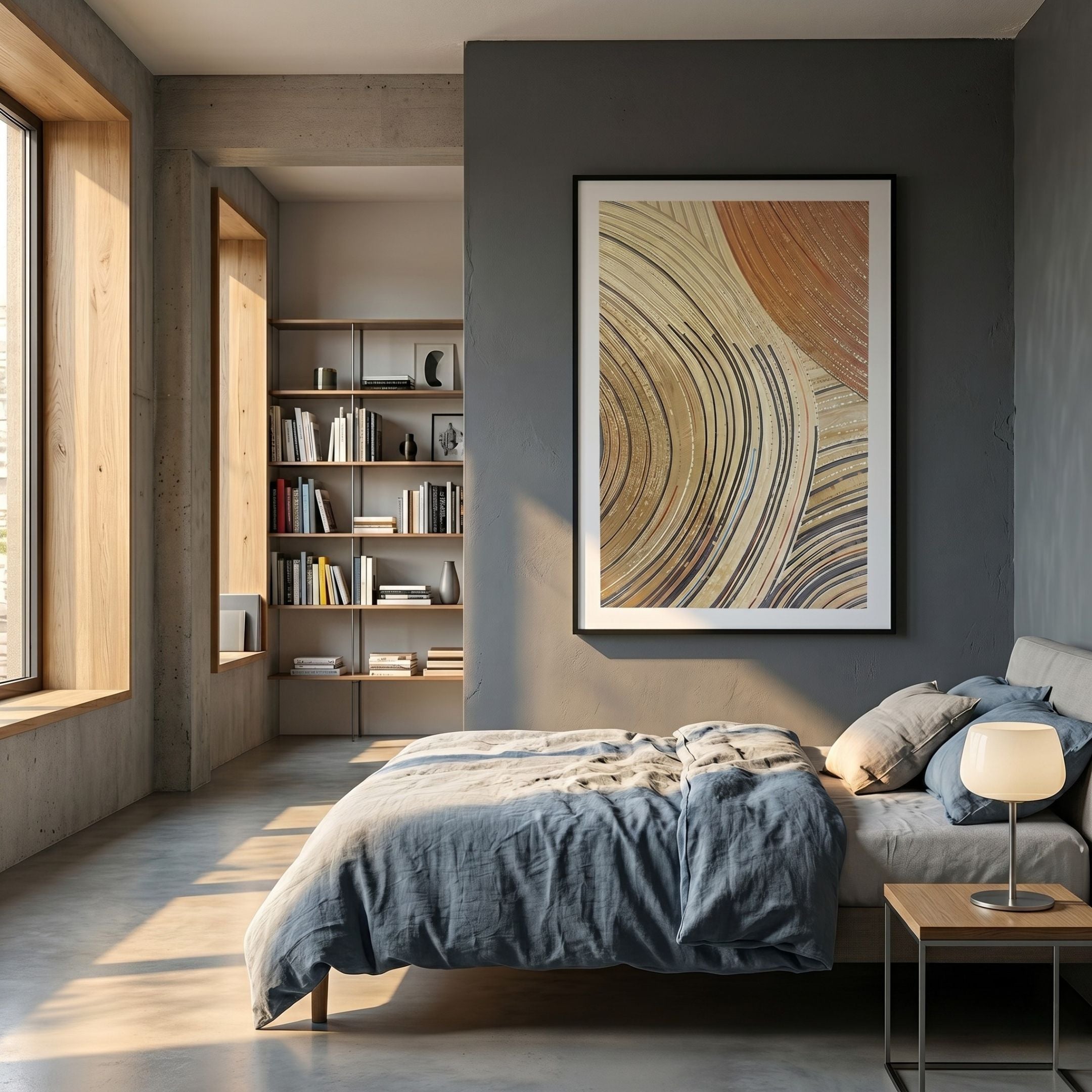 Curvara Golden Wave Texture Relief 3D Wall Art by Giant Sculptures displayed on a dark grey bedroom wall above a linen-dressed bed beside a wooden bookshelf.