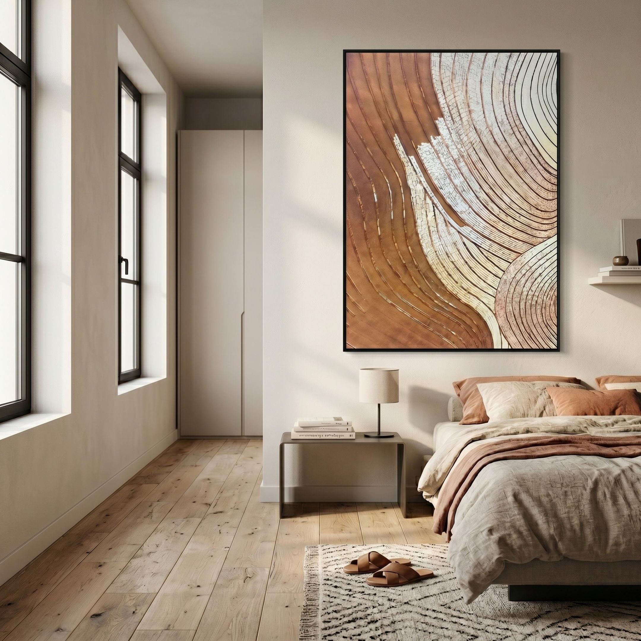 Curvara Copper Flow Texture Relief 3D Wall Art by Giant Sculptures, framed above a bed with rust and cream linens in a sunlit bedroom with wood flooring.