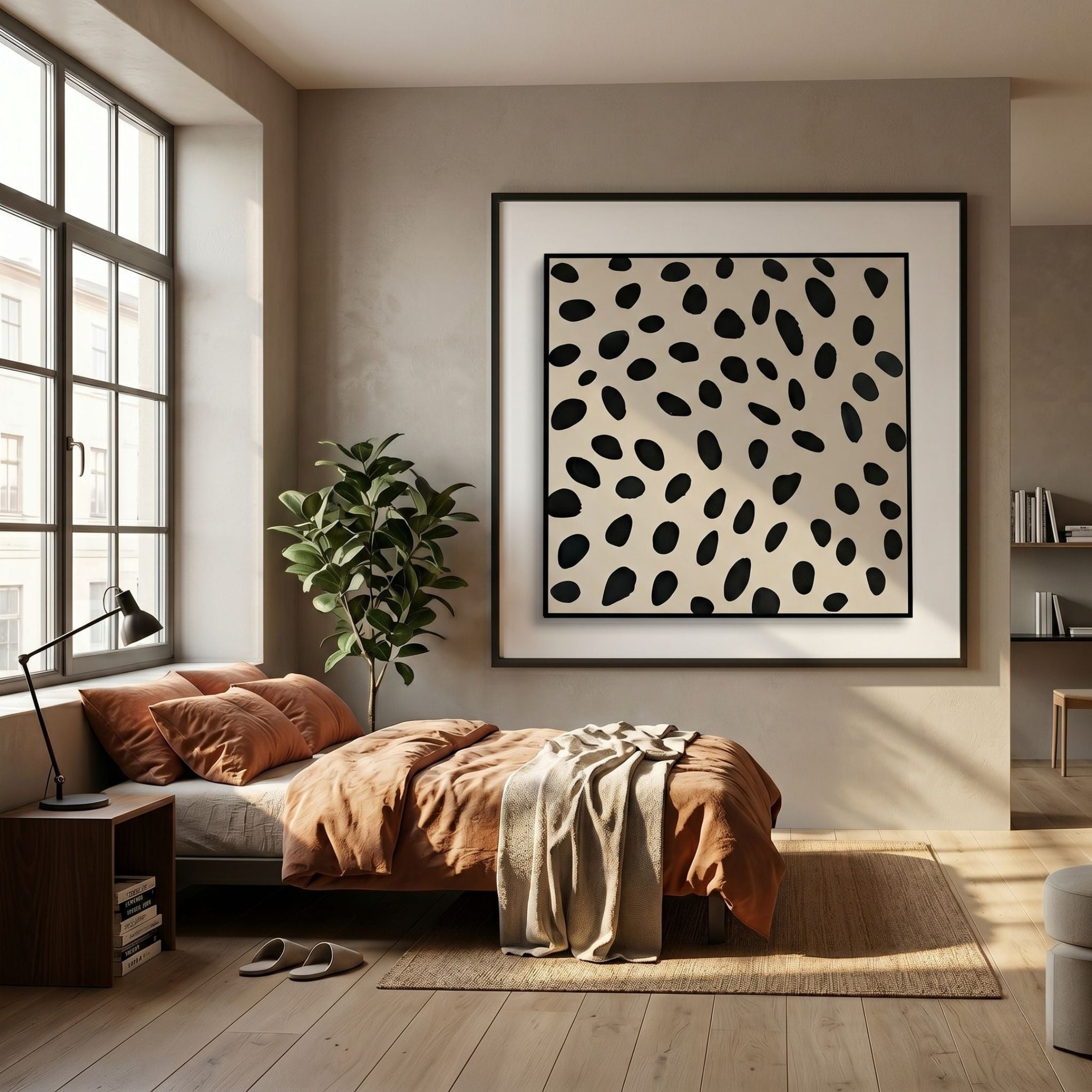 Nerava Organic Dots Black & Cream Abstract Wall Art displayed above a bed with terracotta linens in a Nordic-style bedroom with a leafy plant and large window.