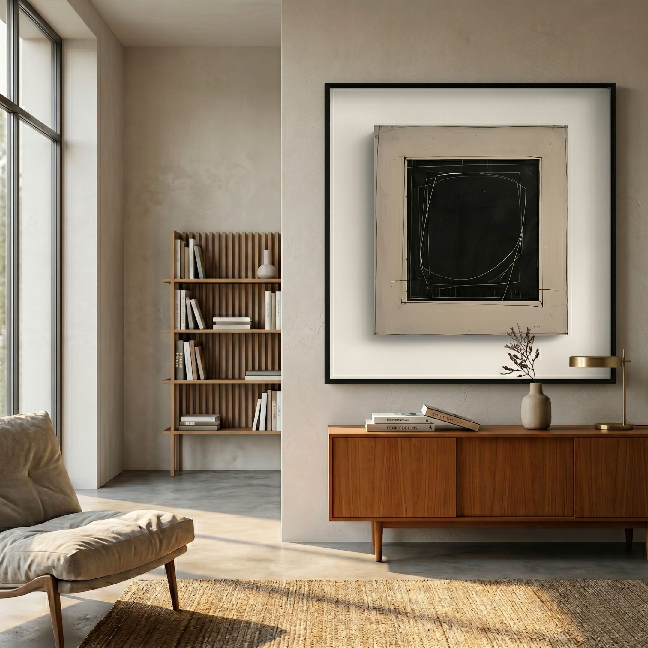 Nerava Central Frame Black & Cream Abstract Wall Art by Giant Sculptures hung above a mid-century walnut sideboard in a sunlit minimalist living room.