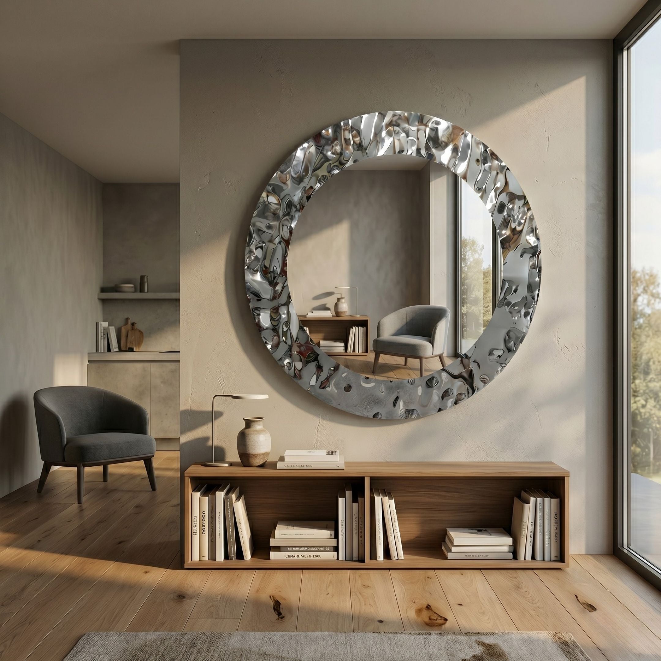 Aurargent Round Layered Silver Mirror 3D Wall Art by Giant Sculptures mounted above a wooden bookshelf in a neutral living room with armchair and window.