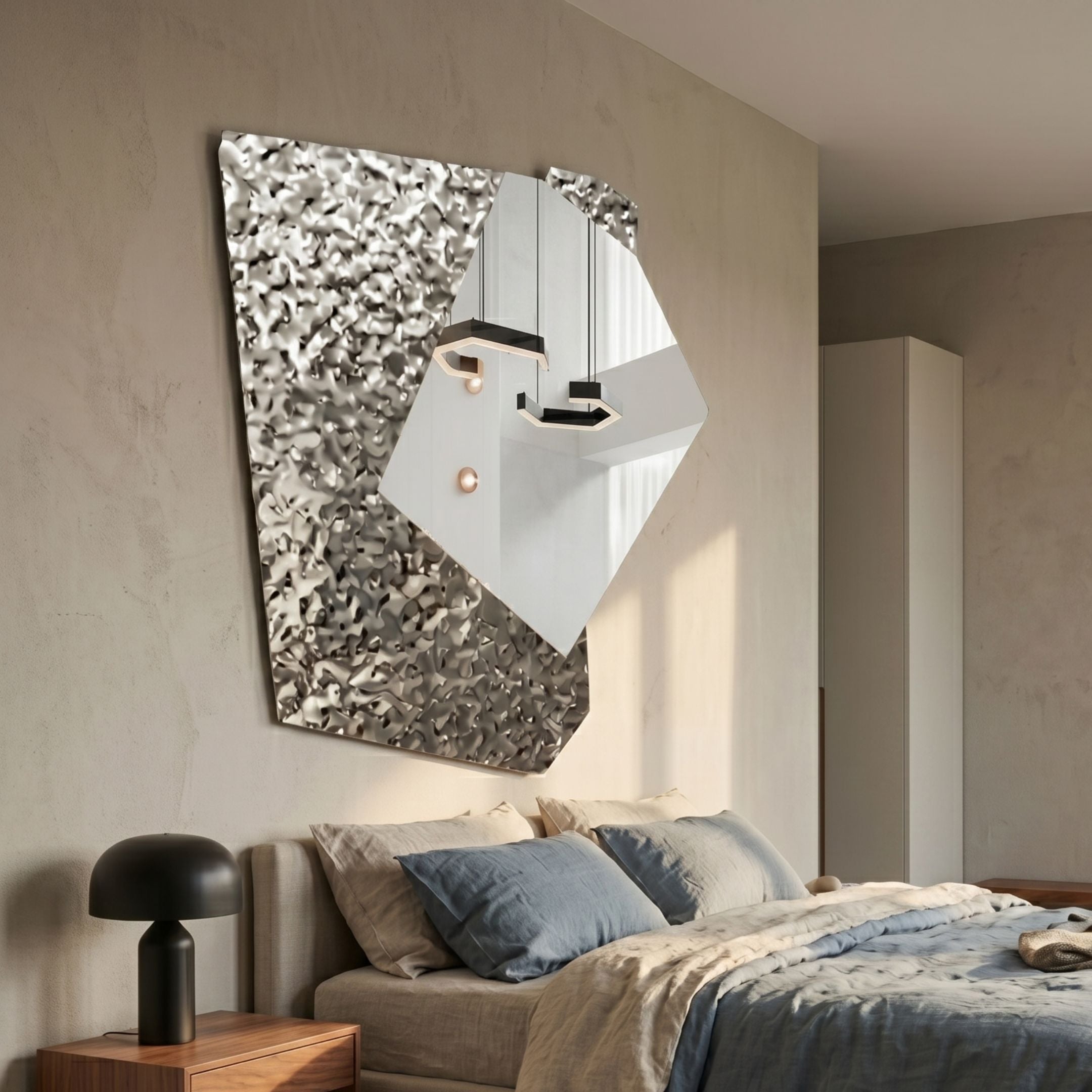 Aurargent Silver Layered Steel Mirror 3D Wall Art by Giant Sculptures mounted above a bed with blue linen, beside a black mushroom lamp on a wooden nightstand.