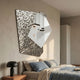 Aurargent Silver Layered Steel Mirror 3D Wall Art by Giant Sculptures mounted above a bed with blue linen, beside a black mushroom lamp on a wooden nightstand.