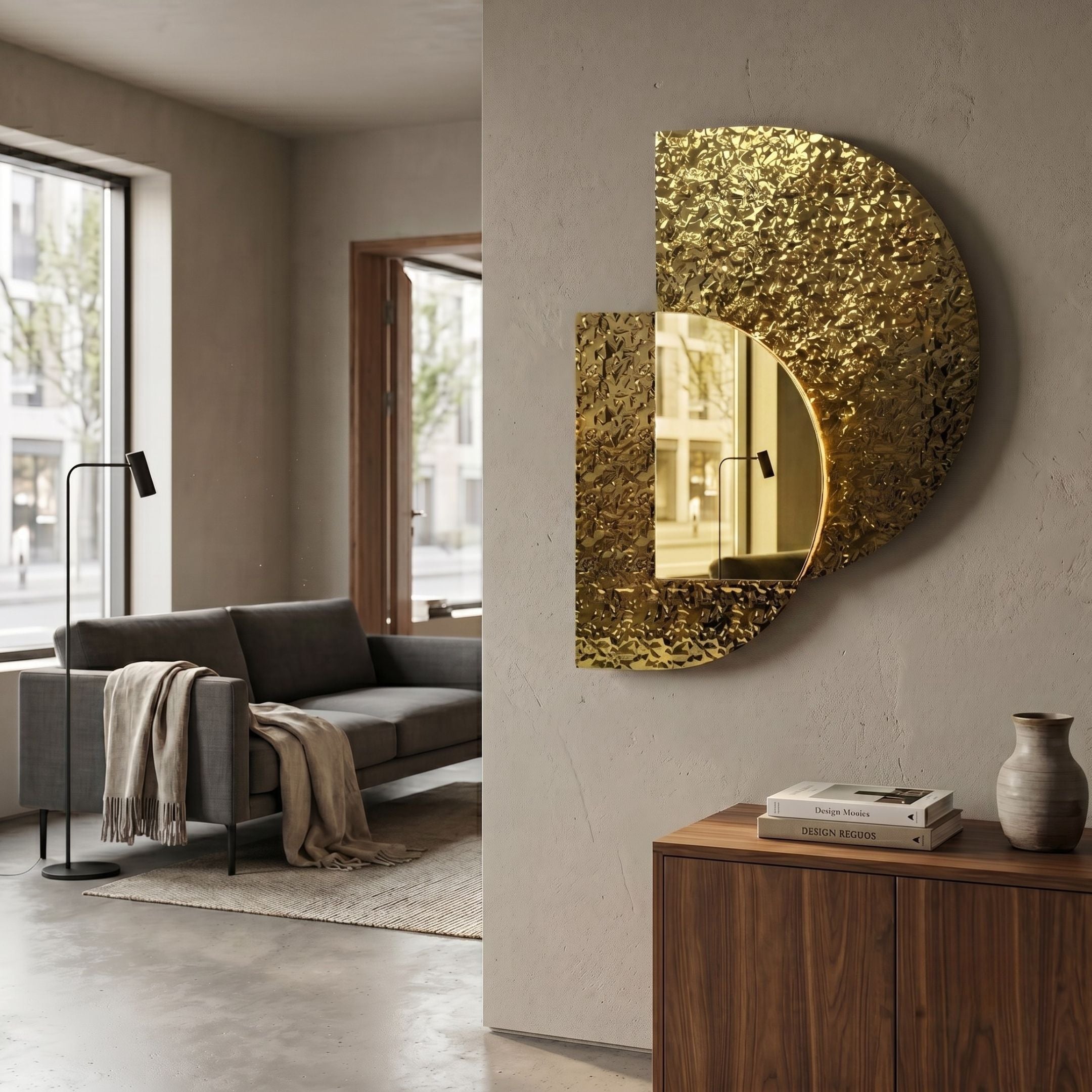 Aurargent Half-Moon Gold Textured Mirror 3D Wall Art by Giant Sculptures mounted on a grey wall above a walnut sideboard beside a grey sofa and floor lamp.