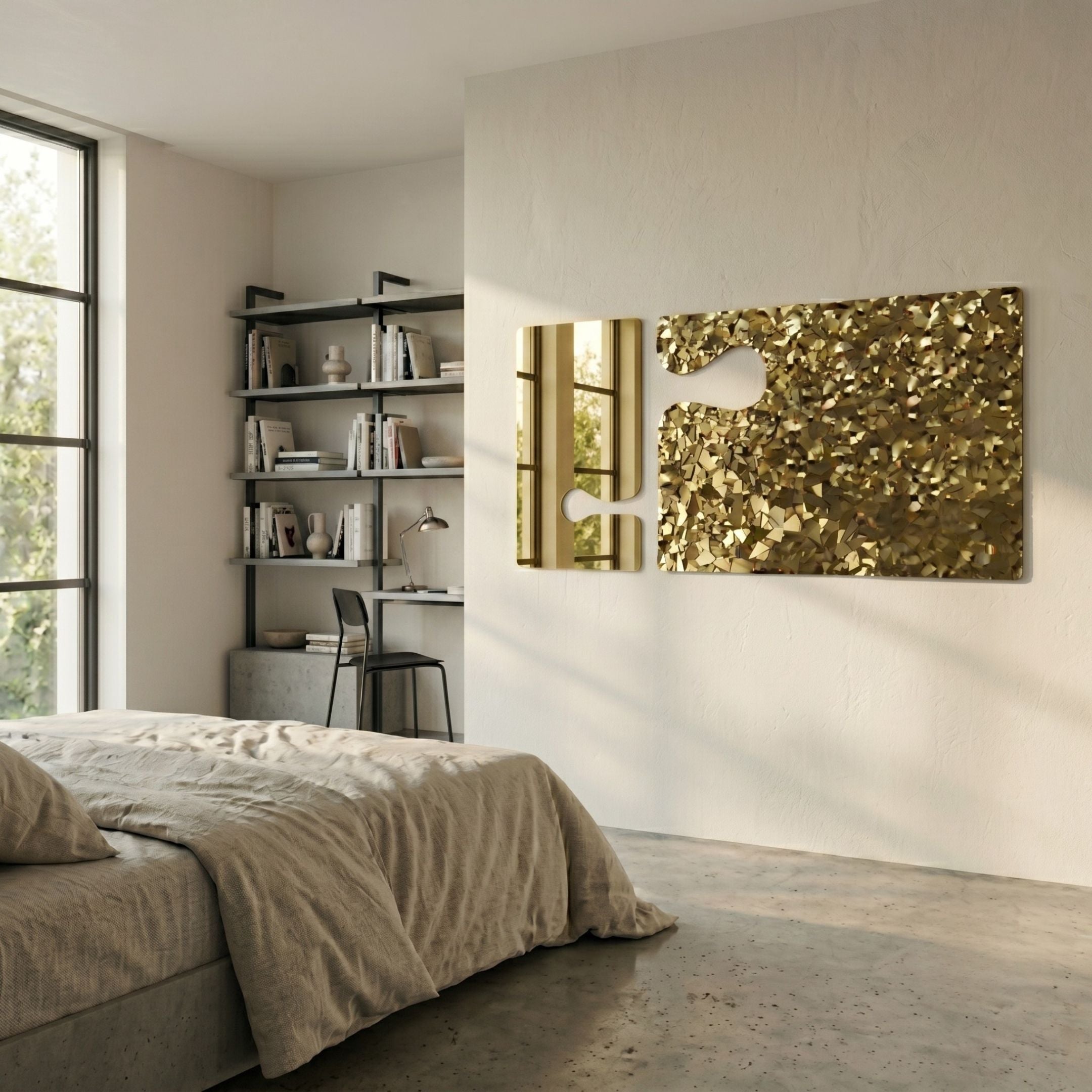 Aurargent Puzzle Gold Textured Steel & Mirror 3D Wall Art by Giant Sculptures displayed as a diptych above a bed in a neutral bedroom with shelving.