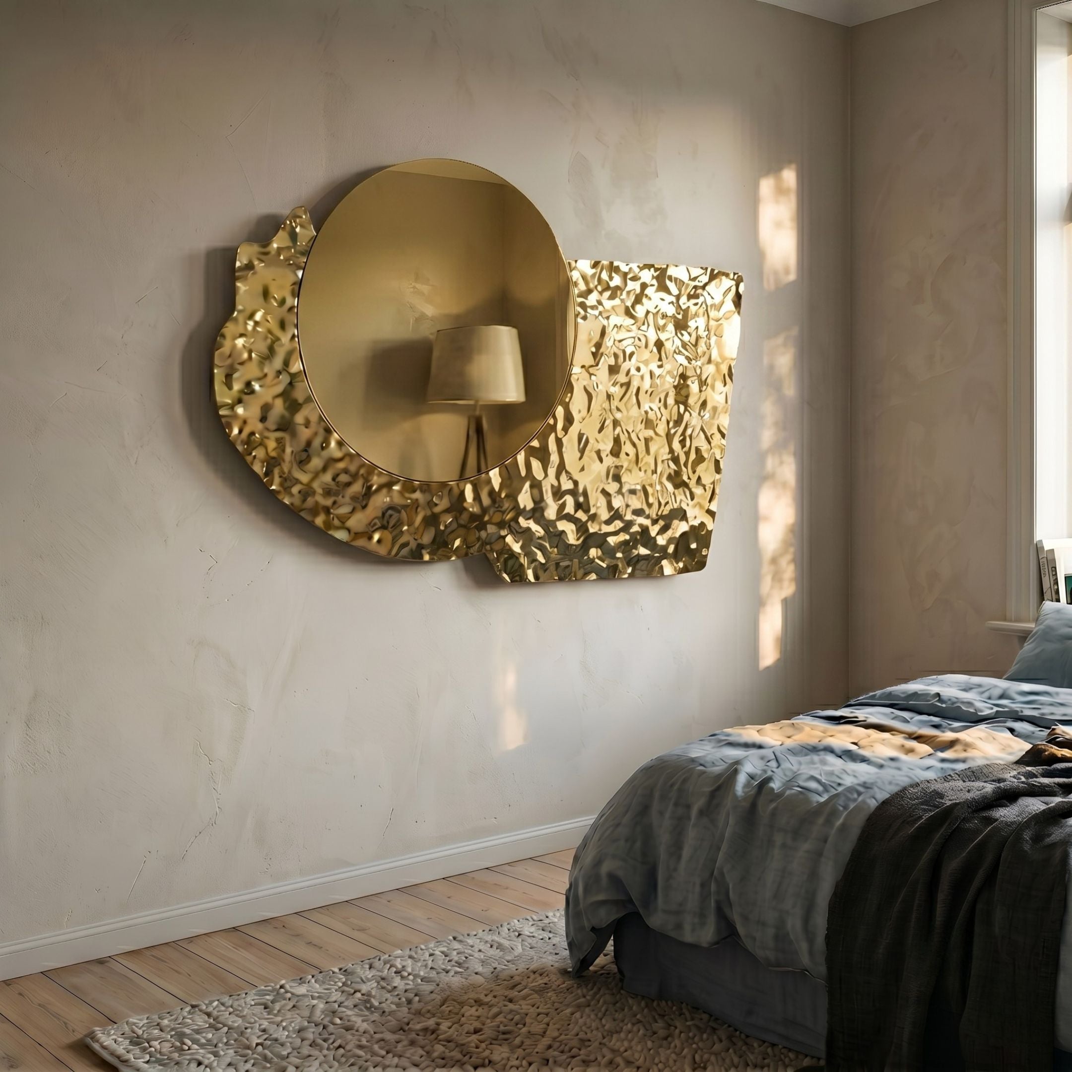 Aurargent Round Gold Textured Mirrored Steel 3D Wall Art by Giant Sculptures mounted above a blue-linen bed in a neutral bedroom with warm sunlight.