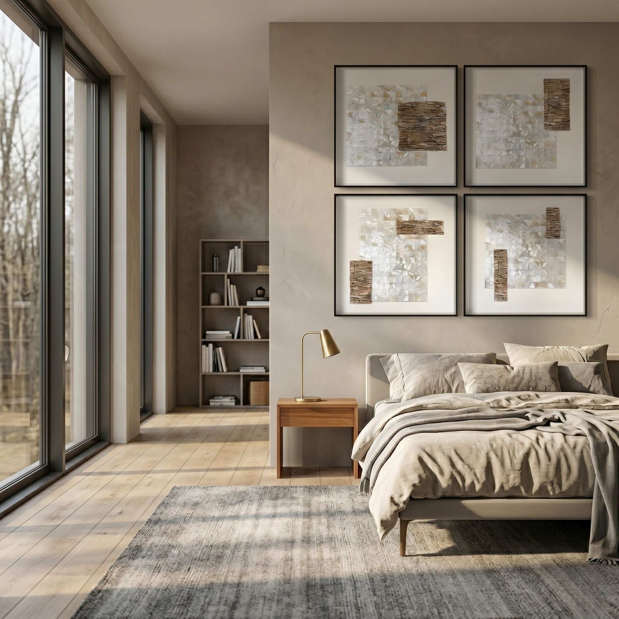 Lustrosa Pearl & Shell Mosaic Quad Set 3D Wall Art by Giant Sculptures displayed in a 2×2 grid above a linen-dressed bed in a sunlit modern bedroom.