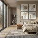 Lustrosa Pearl & Shell Mosaic Quad Set 3D Wall Art by Giant Sculptures displayed in a 2×2 grid above a linen-dressed bed in a sunlit modern bedroom.
