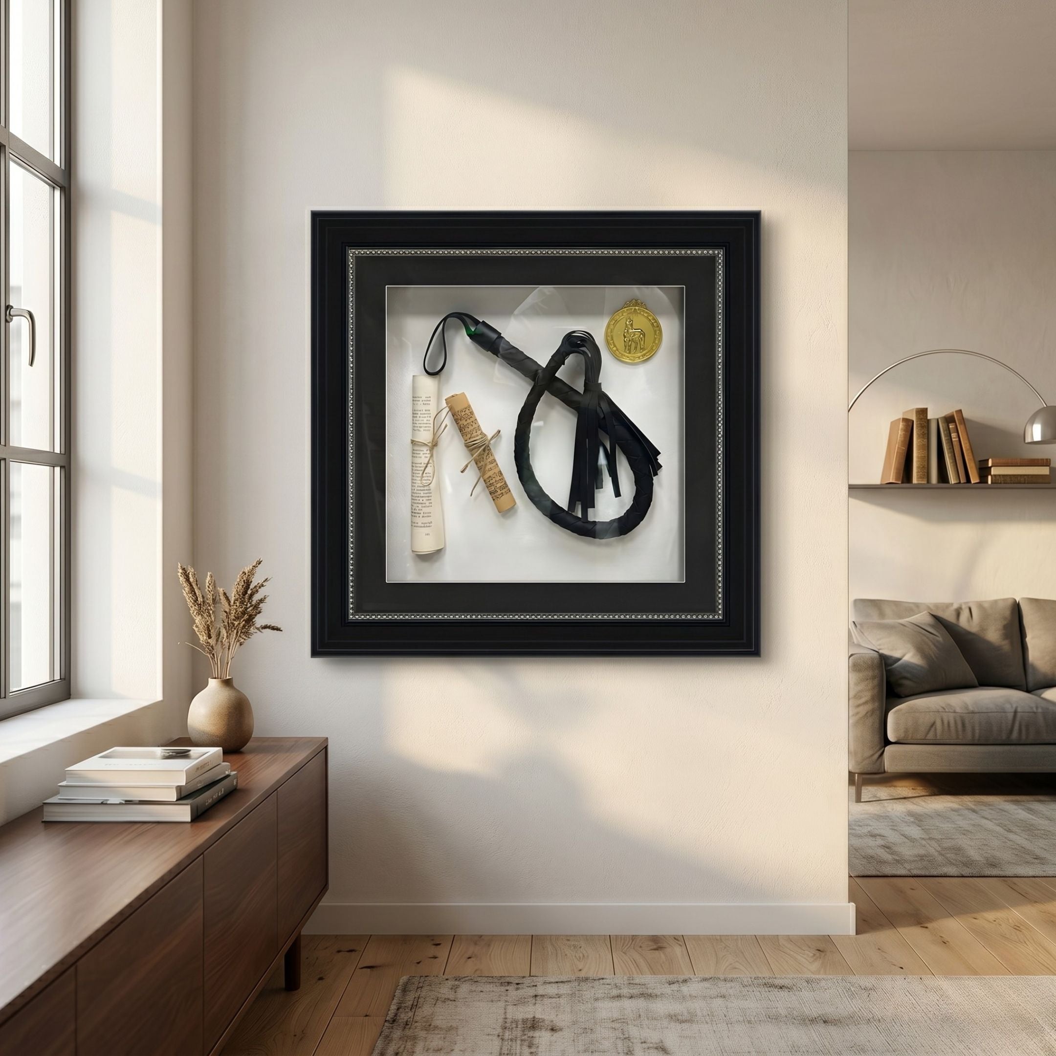 Prestivo Whip & Scroll Framed Collectible Wall Art by Giant Sculptures, displayed on a cream wall above a walnut console in a sunlit modern living room.