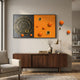 Spherium Orange & Gold Orb Dual-Tone Panel 3D Wall Art mounted above a walnut sideboard with orange and gold orbs extending onto the adjacent wall.
