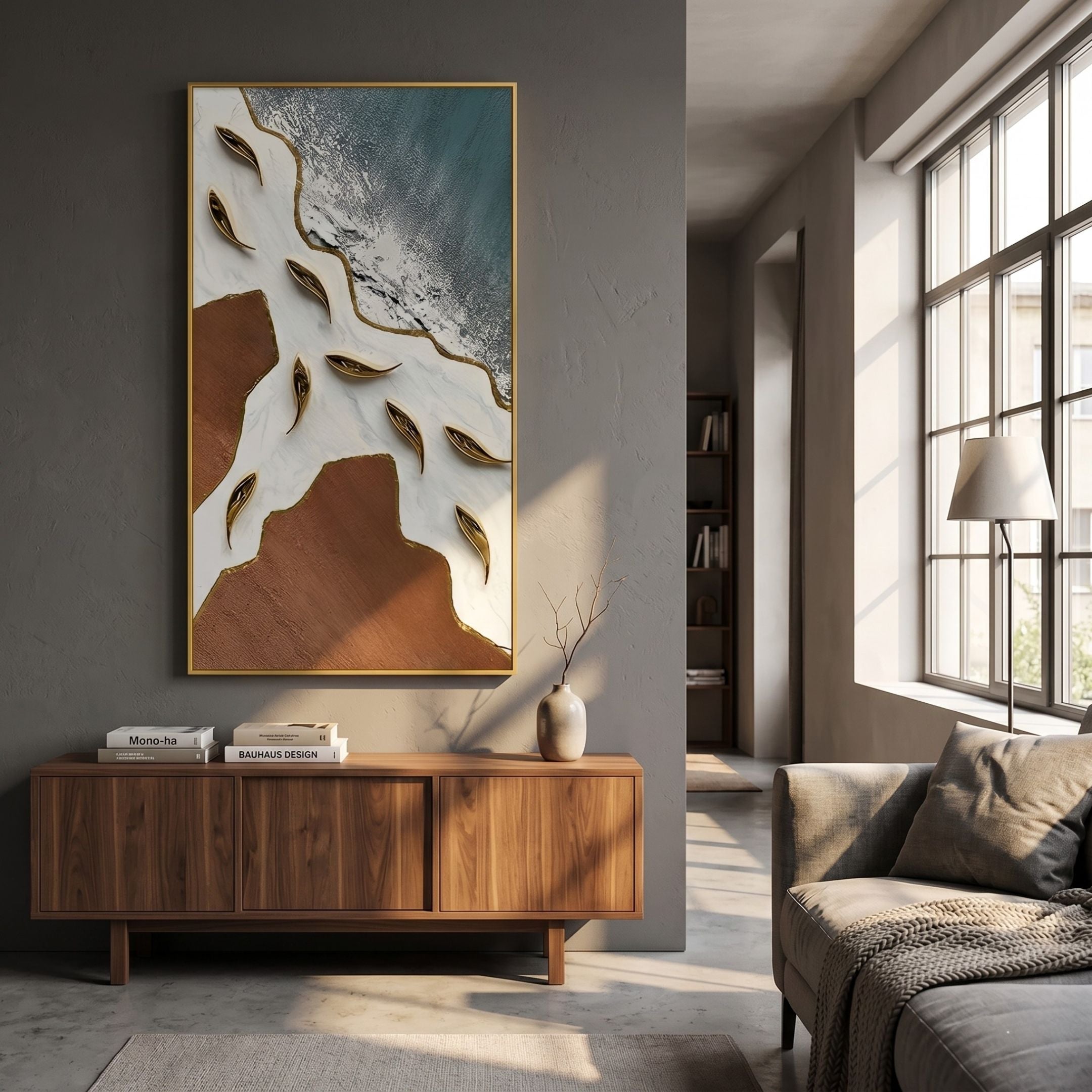 Pisaro Gold Fish Ocean Edge & White Oil Canvas 3D Wall Art in a gold frame above a walnut sideboard in a grey-walled living room with large windows.