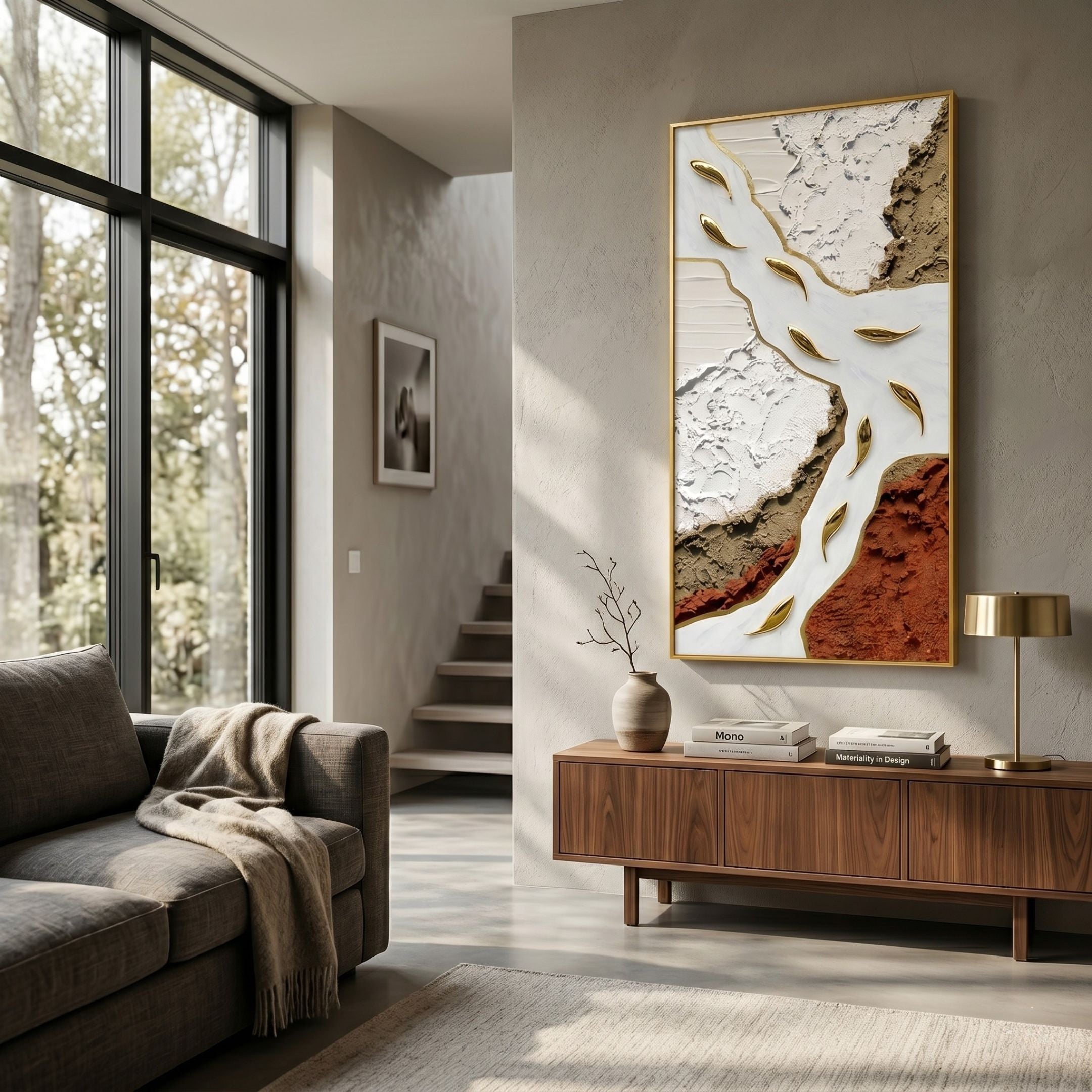 Pisaro Gold Fish Terracotta & White Oil Canvas 3D Wall Art by Giant Sculptures displayed in a modern living room above a walnut sideboard beside a grey sofa.