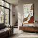 Pisaro Gold Fish Terracotta & White Oil Canvas 3D Wall Art by Giant Sculptures displayed in a modern living room above a walnut sideboard beside a grey sofa.
