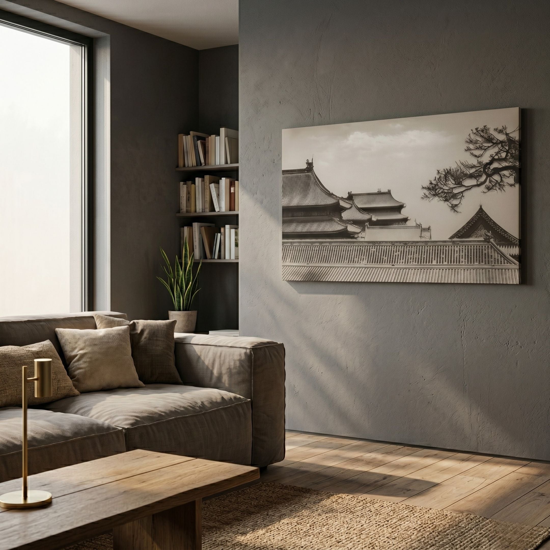 Archion Temple Roofline Nail Painting 3D Wall Art by Giant Sculptures displayed on a grey wall above a brown sofa in a sunlit modern living room.