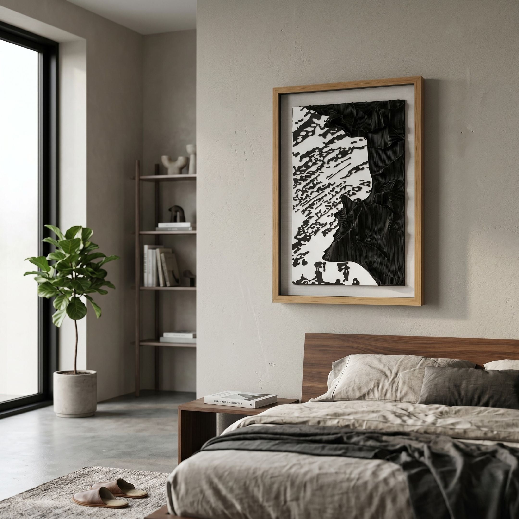 Vanterra II Black & White Flow Framed 3D Wall Art by Giant Sculptures displayed above a walnut bed in a modern bedroom with a fiddle-leaf fig and shelving.