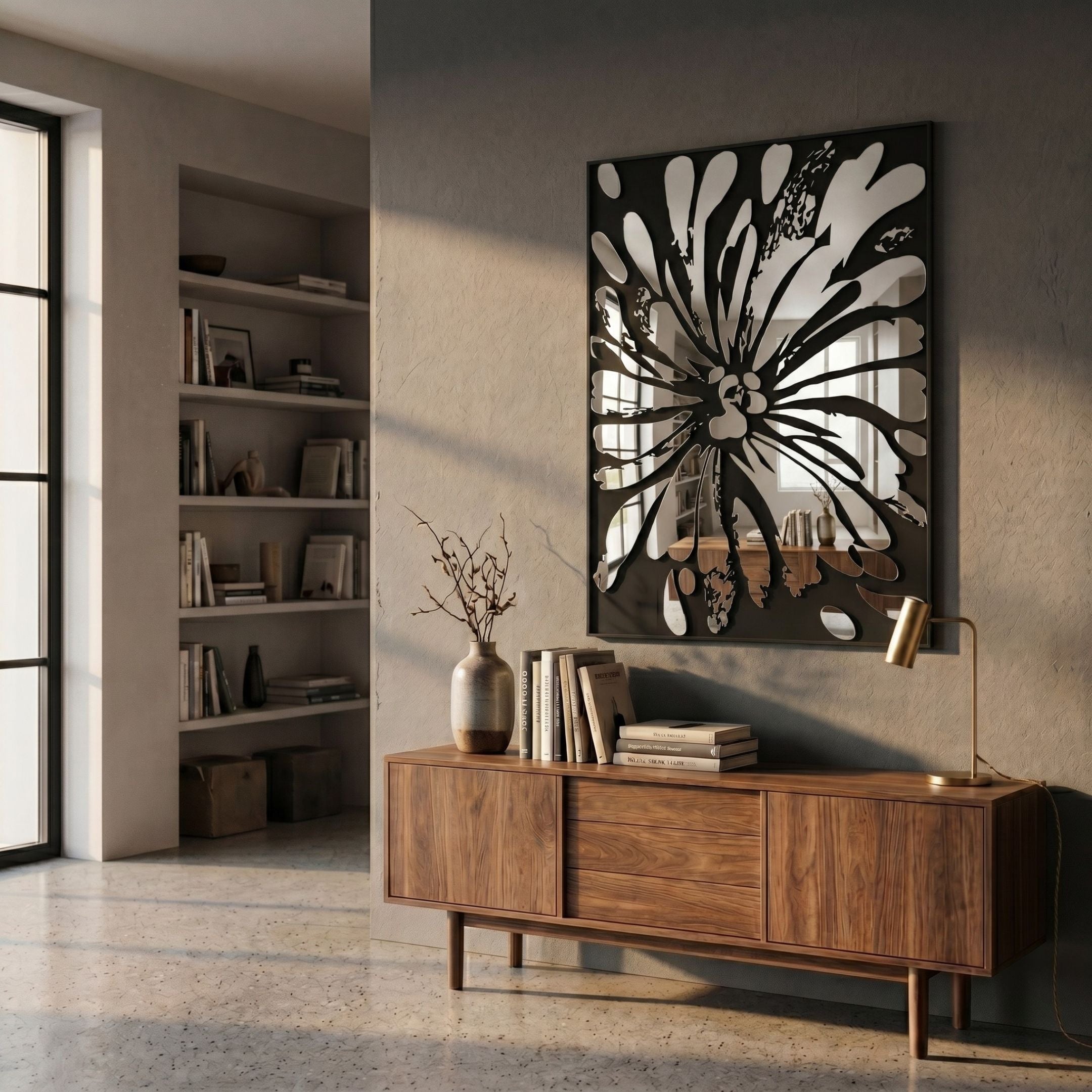 Floristra IV Petal Bloom Silver Mirror 3D Wall Art mounted above a walnut sideboard with brass lamp and vase in a sunlit room near a bookshelf alcove.