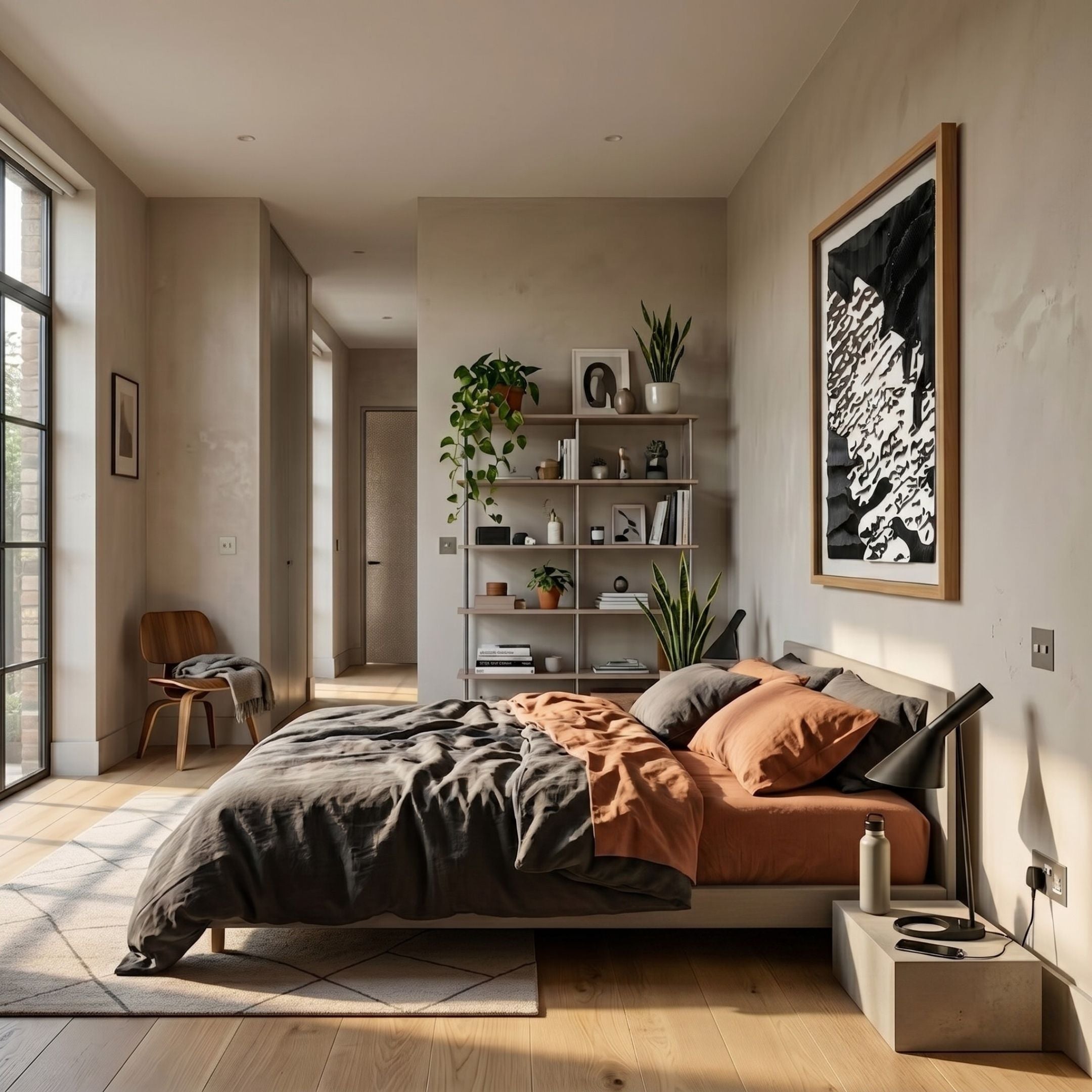 Vanterra I Black & White Flow Framed 3D Wall Art by Giant Sculptures mounted above the bed in a sunlit modern bedroom with shelving and plants.