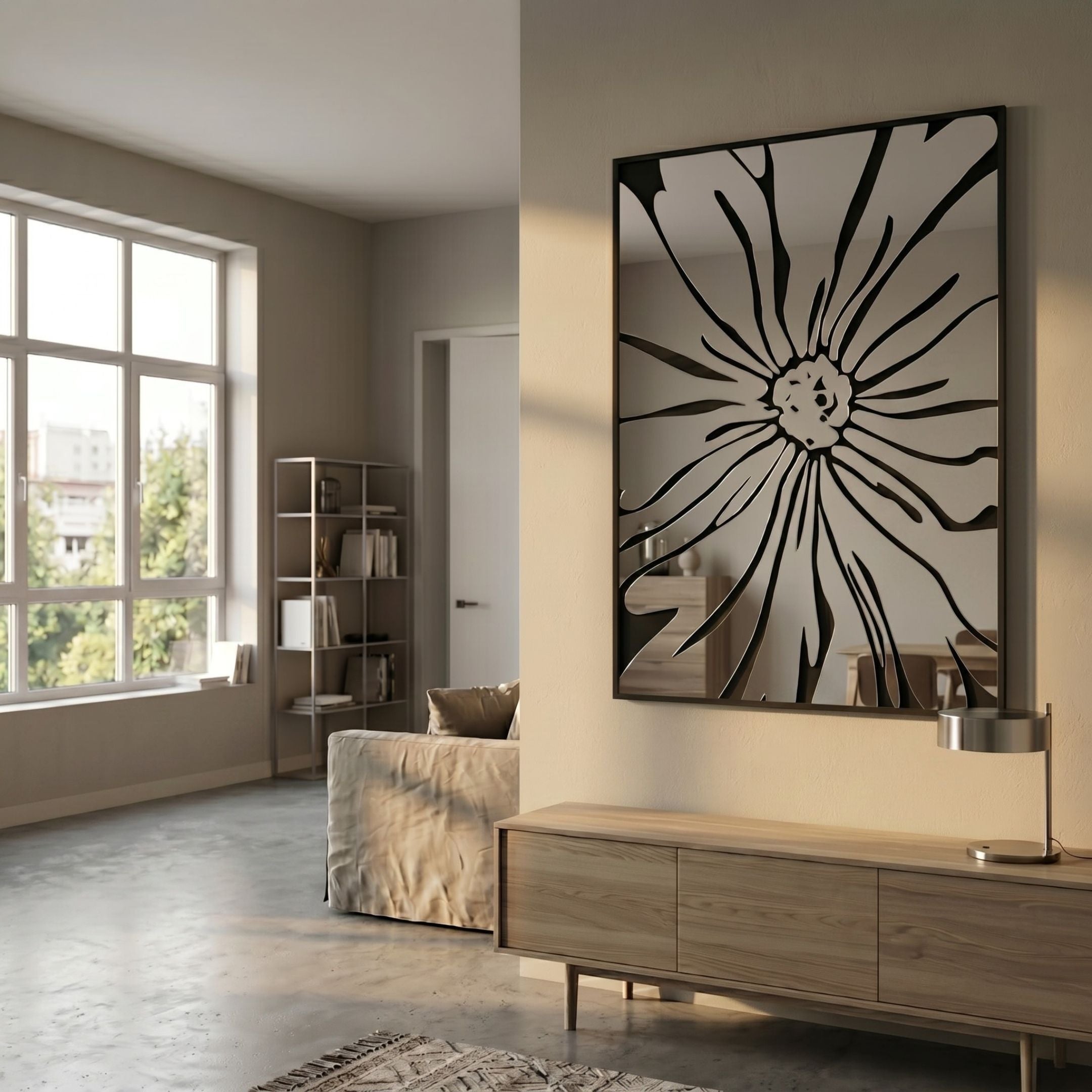 Floristra II Petal Bloom Silver Mirror 3D Wall Art by Giant Sculptures displayed on a neutral living room wall above a wooden sideboard near a sunlit window.