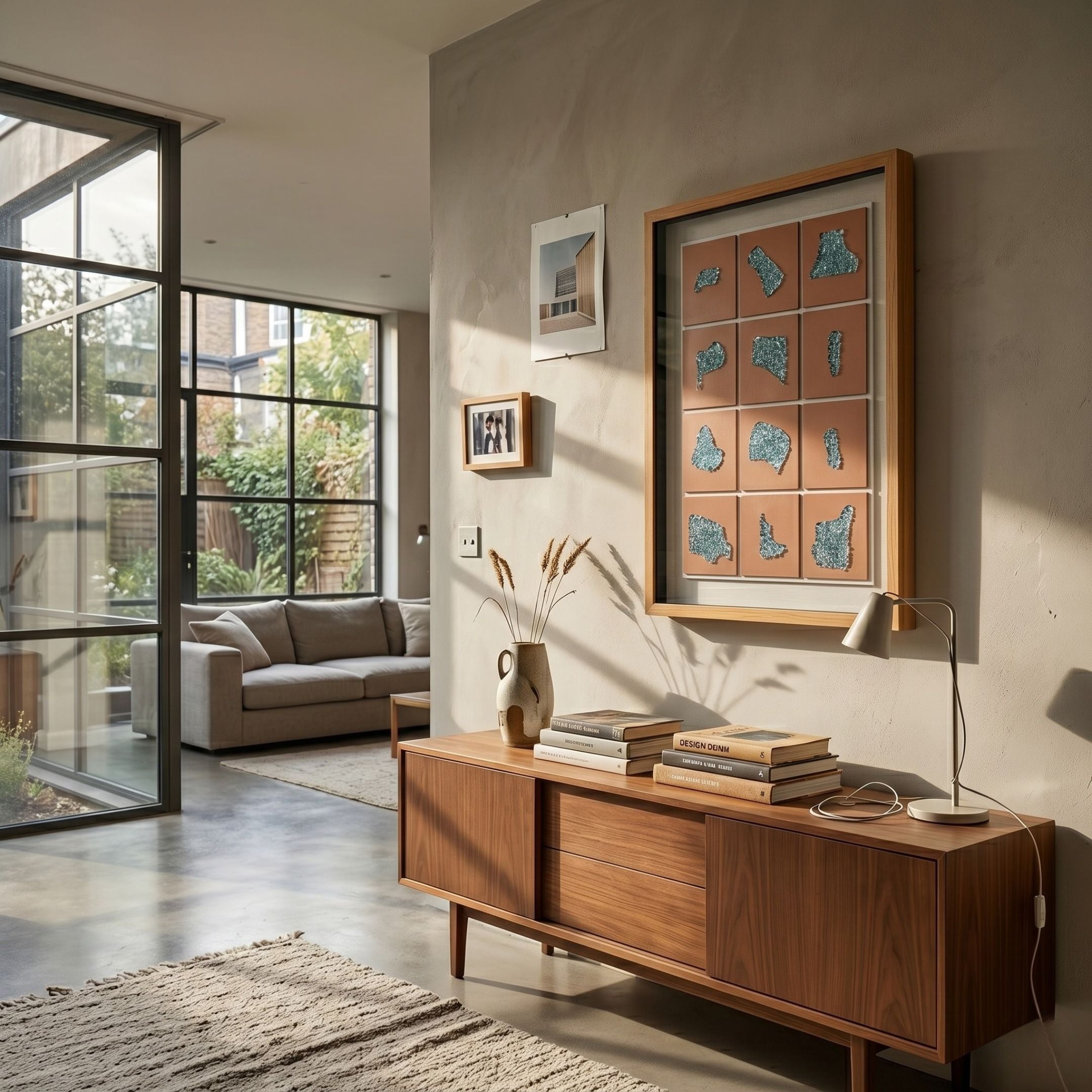 Agliera Aqua Crystal Shard Grid Framed 3D Wall Art by Giant Sculptures displayed above a walnut sideboard in a sunlit modern living room.